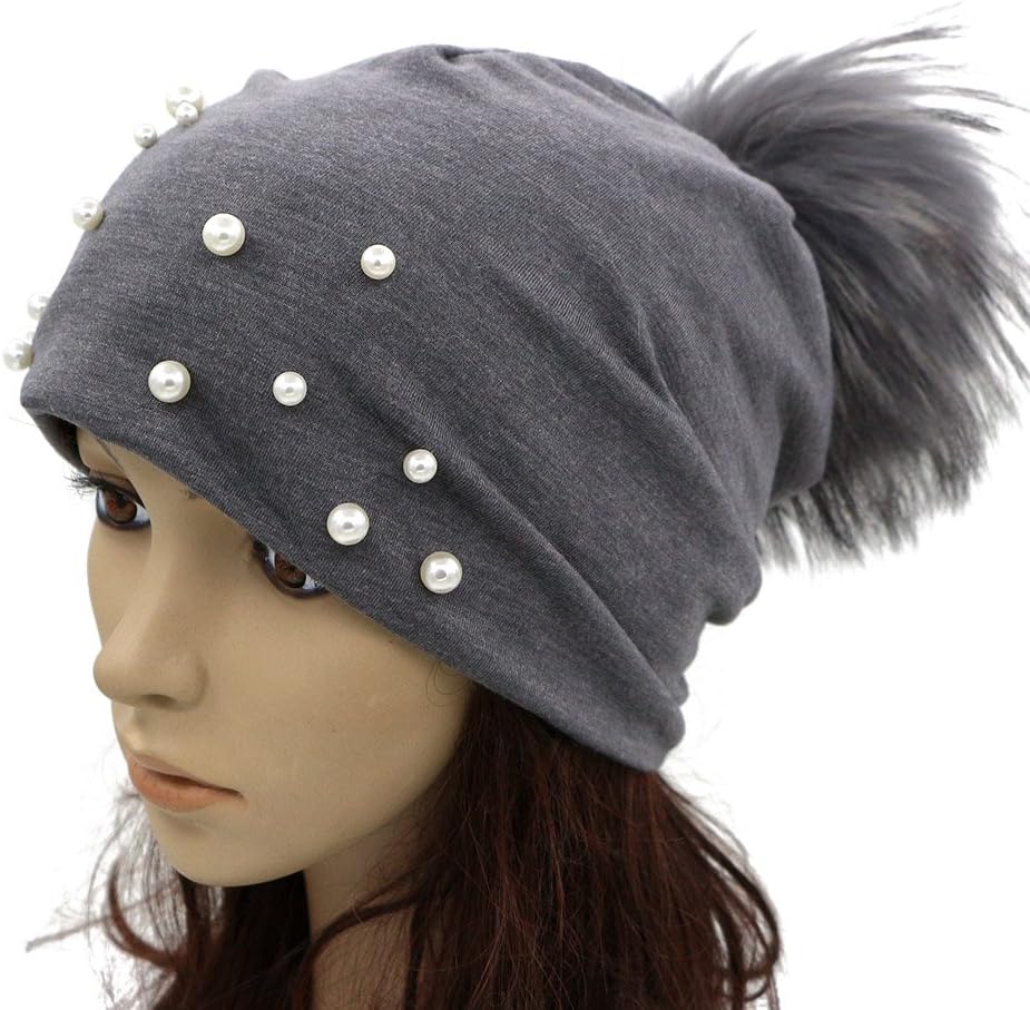 GZHilovingL Women Spring Hat Sparkling Pearls Slouchy Real Pom Pom Beanie Cap