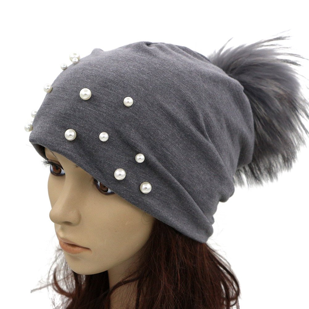 GZHilovingL Women Spring Hat Sparkling Pearls Slouchy Real Pom Pom Beanie Cap