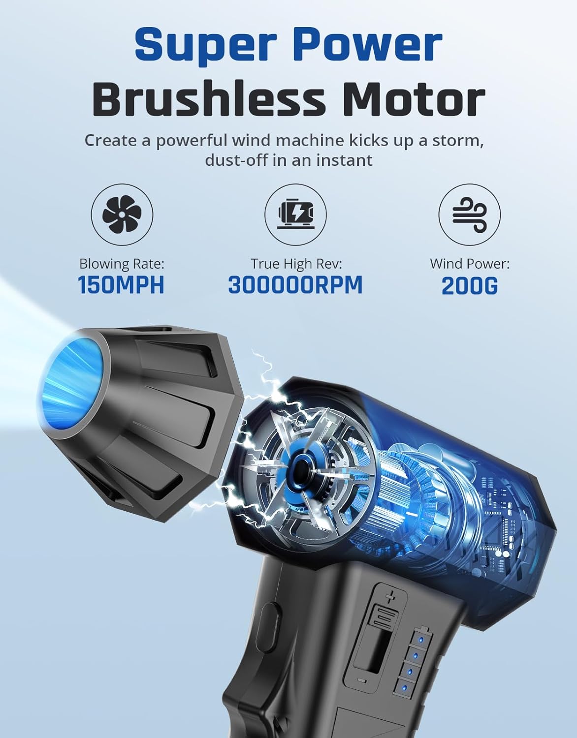 Compressed Air Duster- 300000RPM Super Power Electric Air Duster, Variable Wind Speed MAX 200g Mini Dust Blower for Computer, Keyboard, Outdoor, House and Car, Rechargeable Canned Air Replace Air Can - Image 2