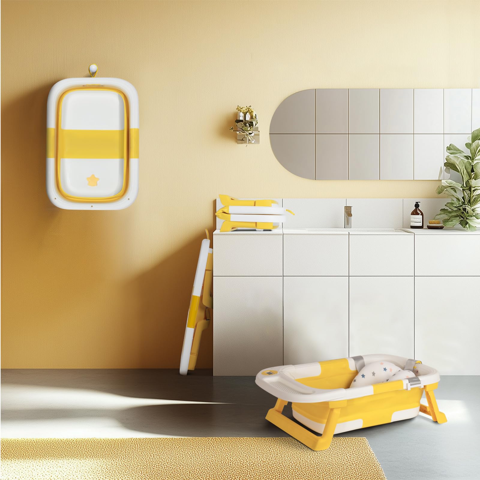 Leogreen Vaschetta Bagnetto Neonato,Vasca da Bagno Pieghevole con Tappetino da Bagno,Vaschetta per Bambini con Termometro Digitale da Viaggio e Vassoi, Essenziale per Neonati 0-36 mesi