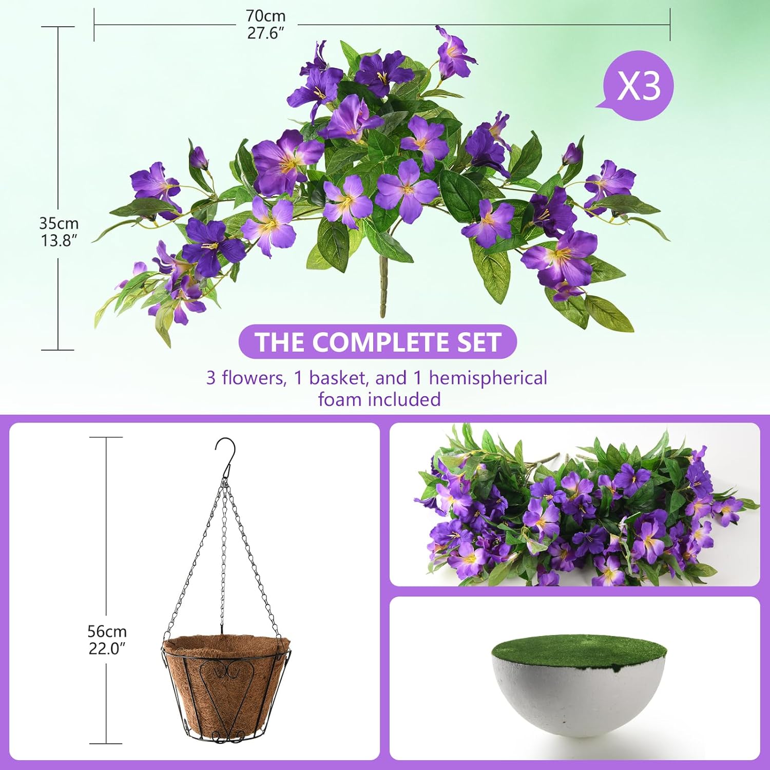 Homsunny Artficial Fake Hanging Flowers Plants with Baskets, 3PCS Silk Faux Outdoor Flowers UV Resistant Real Touch Plastic Flowers for Spring Garden and Home Patio Yard Decor (Double Purple) Deep Purple+ Light Purple With Basket
