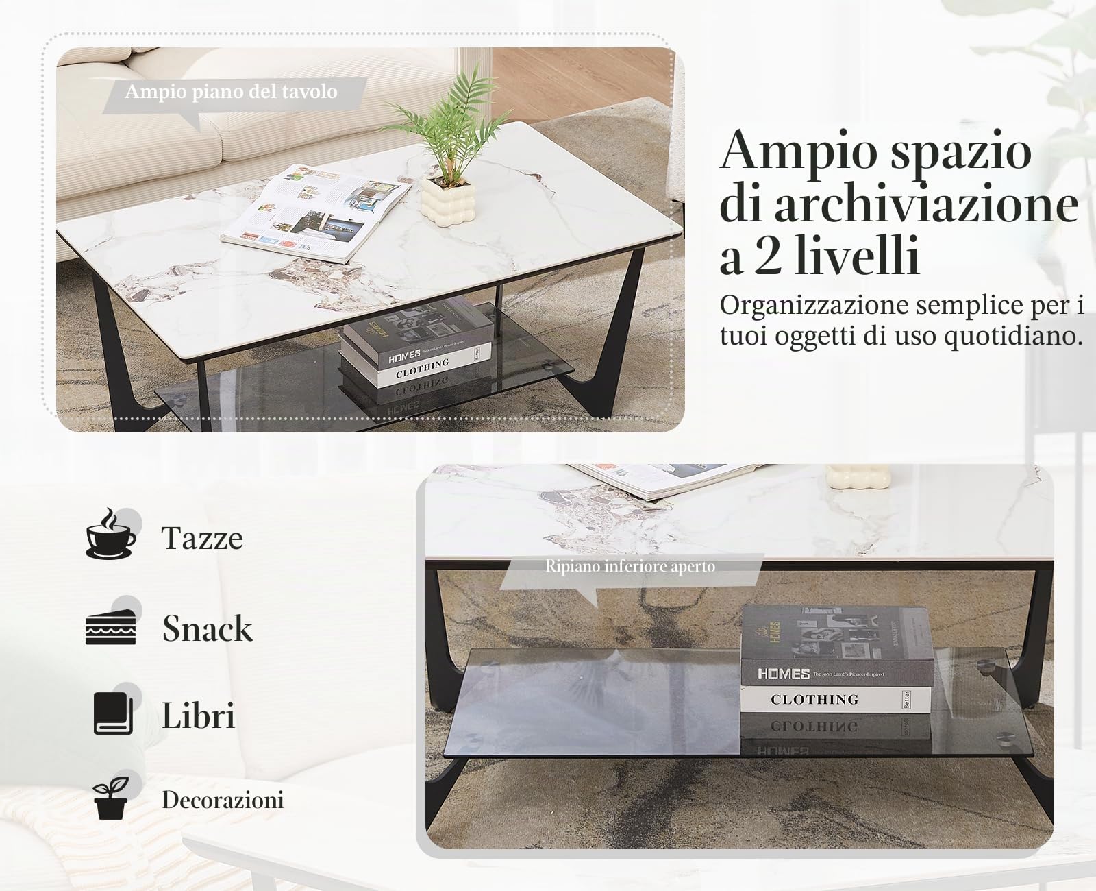 Ya-Home Tavolino Salotto Tavolino da Caffè Tavolino con Ripiano in Vetro Tavolino Basso da Divano Tavolo Salotto Moderno per Soggiorno/Camera da letto/Ufficio, Bianca