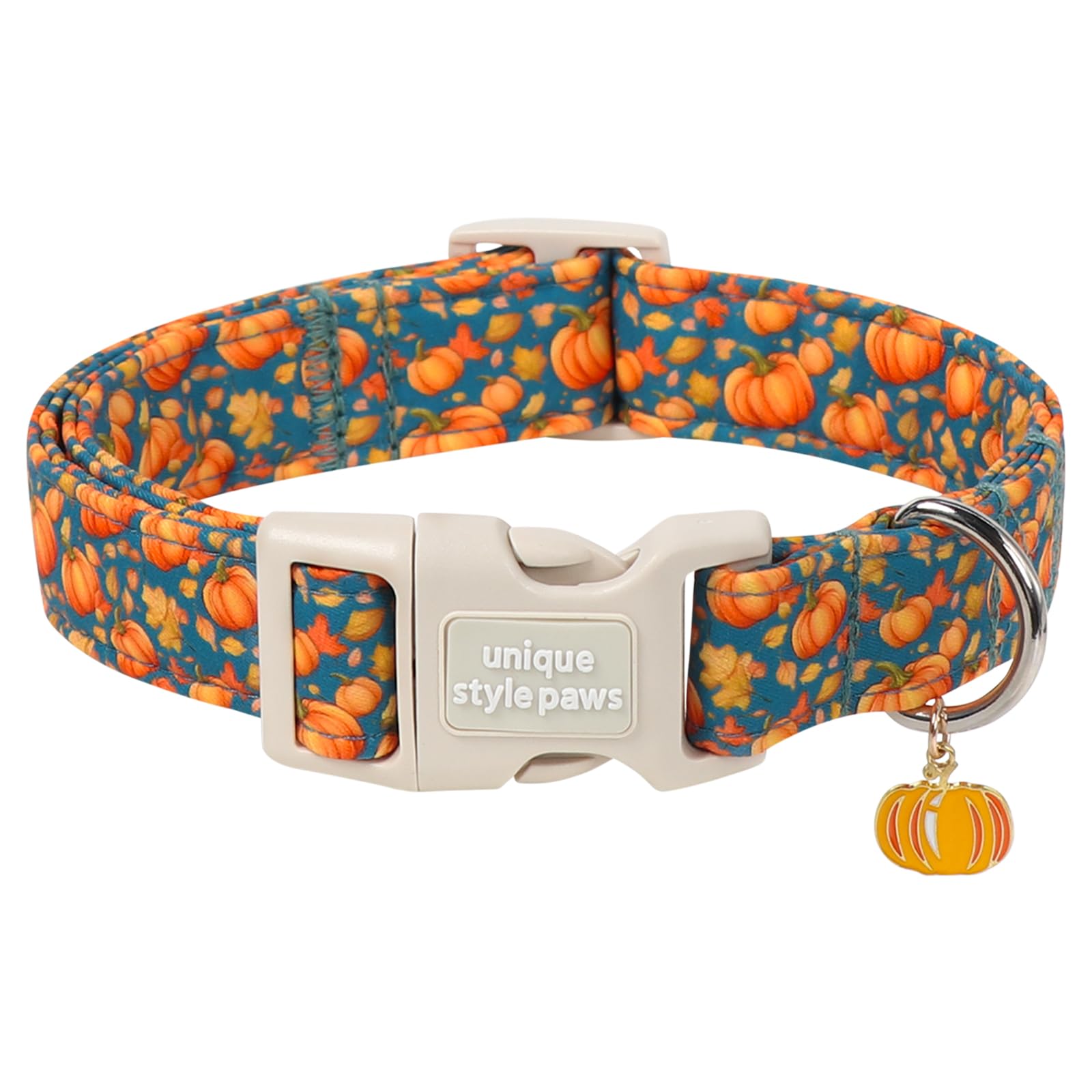 Unique style paws Pumpkin Dog Collar, Adjustable Cotton Dog Collar with Pumpkin Charm, Quick Release Buckle, Strong Metal D Ring, Autumn Dog Collar for Small Medium Large Dogs