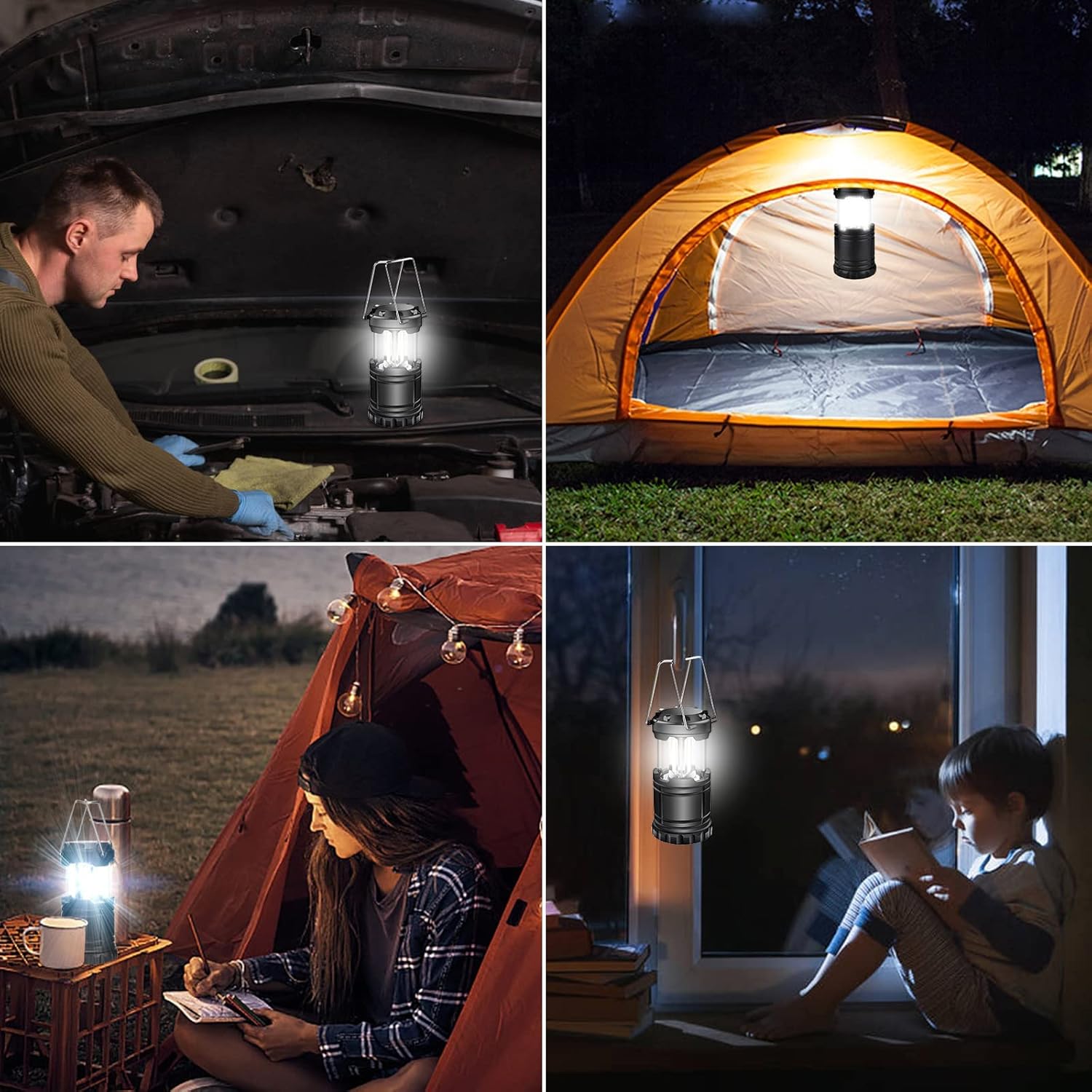 Portable LED Camping Lantern, Foldable and Battery Powered Emergency Light with Folding Hook for Hiking, Camping and Blackouts(2PCS)