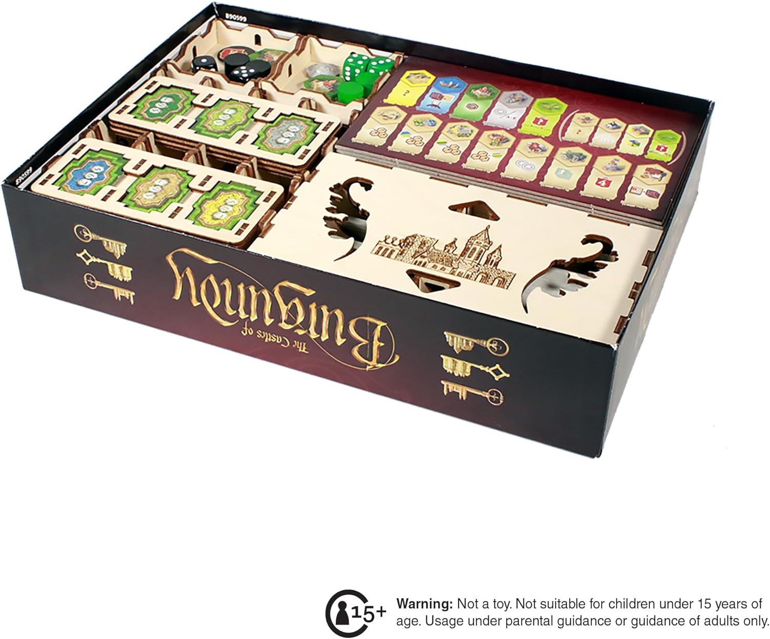 The Broken Token Game Organizer Compatible with The Castles of Burgundy - Wooden Game Organizing Box with Multiple Trays