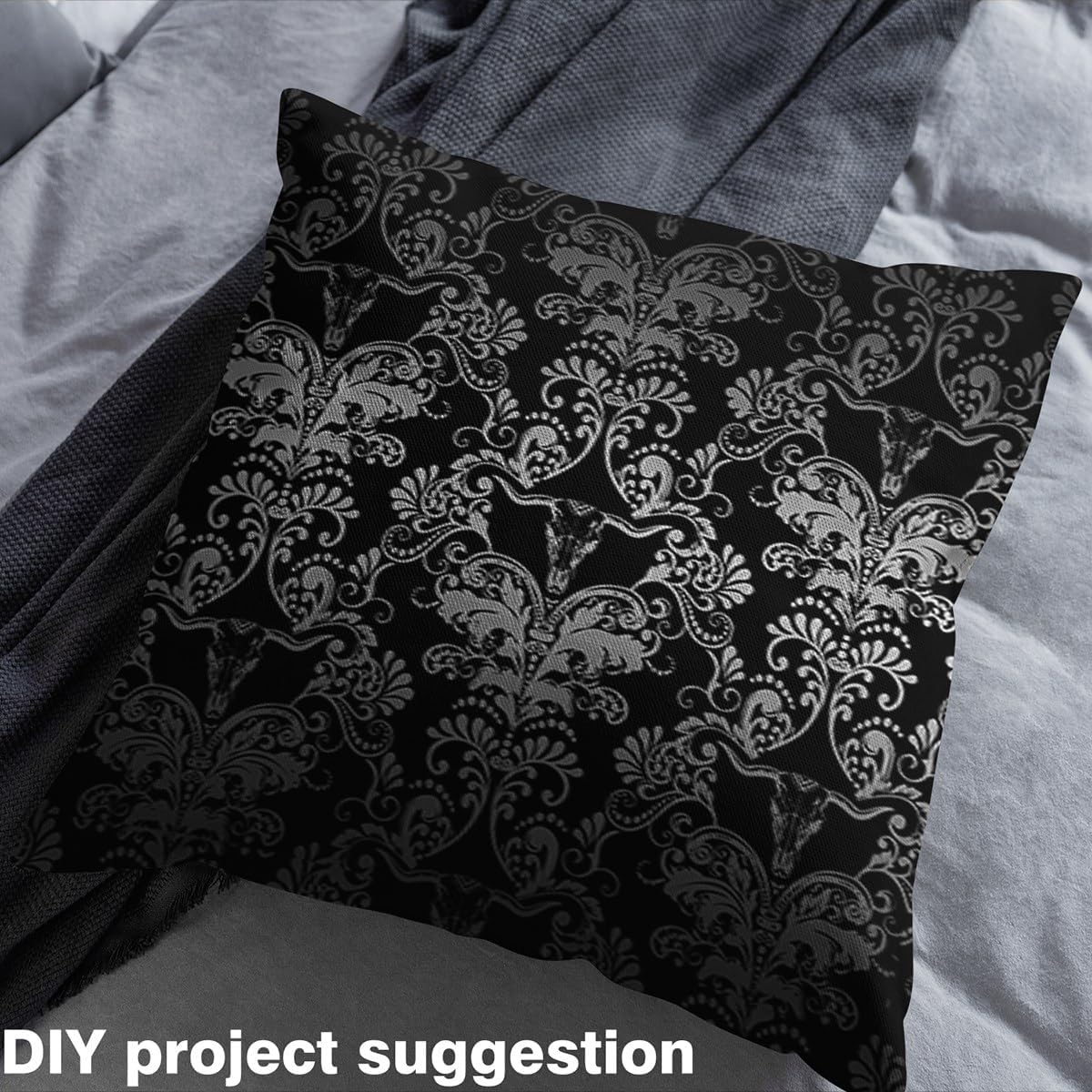 Erosebridal Black Damask Fabric by The Yard,Gothic Cow Damask Upholstery Fabric for Man Woman,Boho Exotic Cow Decorative Fabric,Vintage Floral Print Indoor Outdoor Fabric,Grey Black,2 Yards