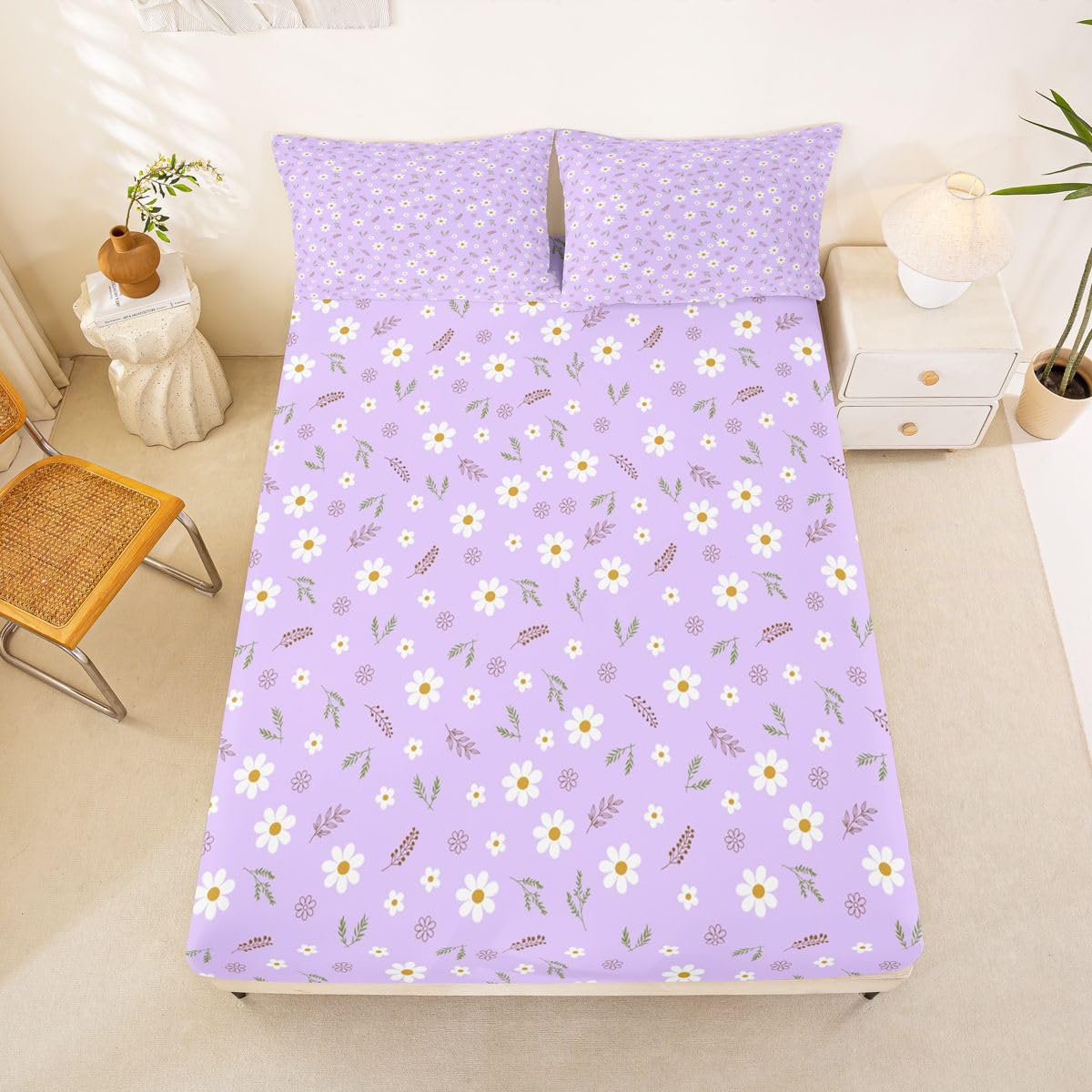 Homemissing Sábana bajera ajustable con 2 fundas de almohada, tamaño King, con diseño de flores de flores, 16 pulgadas de profundidad, sábana bajera ajustable para niños y niñas, decoración de