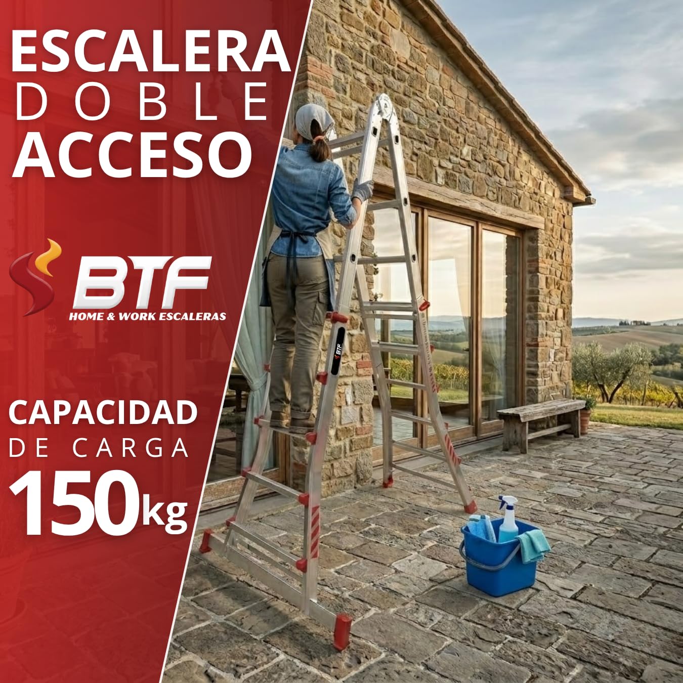 Escalera Telescópica de Aluminio Articulada 4x5 Peldaños | BTF Escalera Extensible Plegable Multiposición hasta 4,7m, Tijera 2,3m, Carga 150kg, Norma EN131