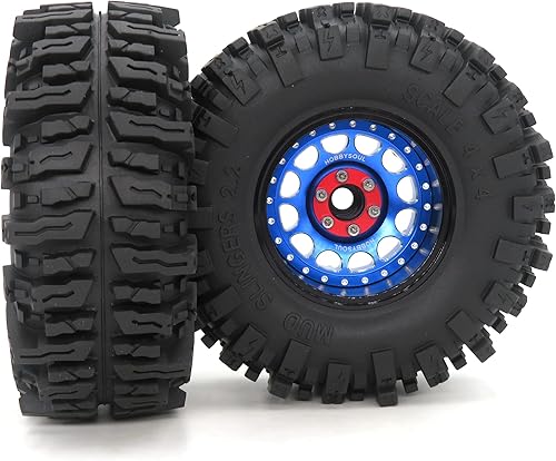 Vista 5 de HOBBYSOUL Llantas RC 2.2 Mud Slingers de 4.882 in y 2.2 Ruedas Beadlock ajustables, 4 llantas de compensación, negro y azul para RC Mud Crawler