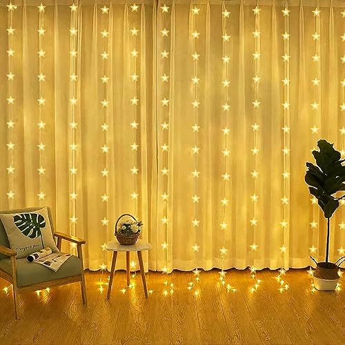 BLOOMWIN Cortina de luces de hadas de Navidad 2 en 1 con colgantes de estrella, 200 LED, 9.8 pies x 9.8 pies, tira de luz USB parpadeante con