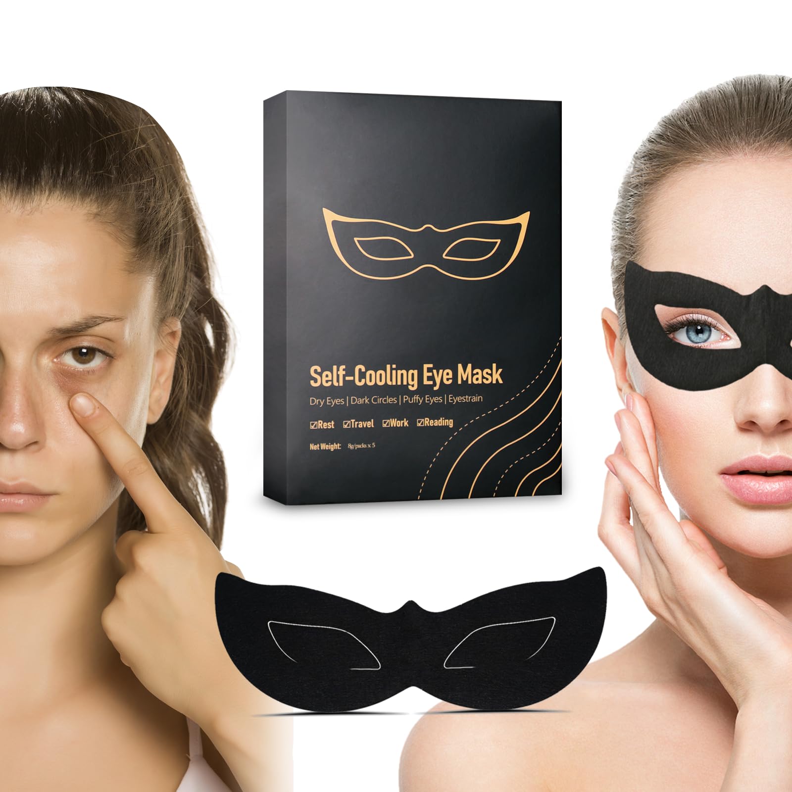 Self Cooling Eye Masks for Migraines Eyestrain Puffiness All-Natural Ingredients Cold Eye Mask for Travel Flights Screen Time