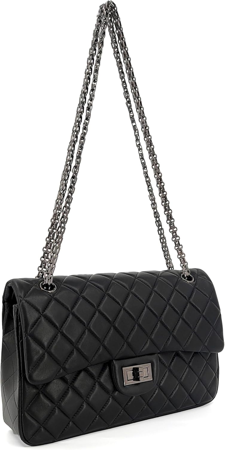 Quilted Leather Crossbody Bags for Women,Soft Lambskin Adjustable Double Chain Strap Shoulder Bag,Designer Flap Purse | Quilted, Leather, Soft, Lambskin, Adjustable, Double Chain Strap - Image 7
