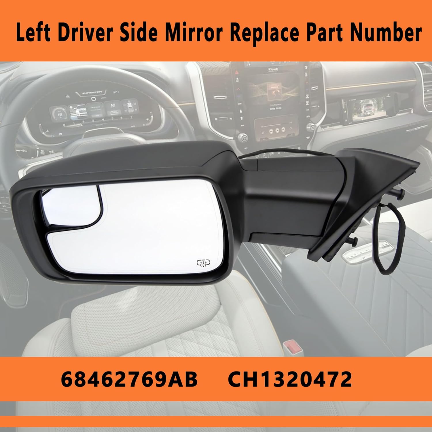 Rearview Mirror Left Driver Side Compatible with Ram 1500 2019-2024 Door Mirror Temp Sensor/Heated Glass/Signal Light/Puddle Light/Power Folding/Black Texture Cover (14pins)