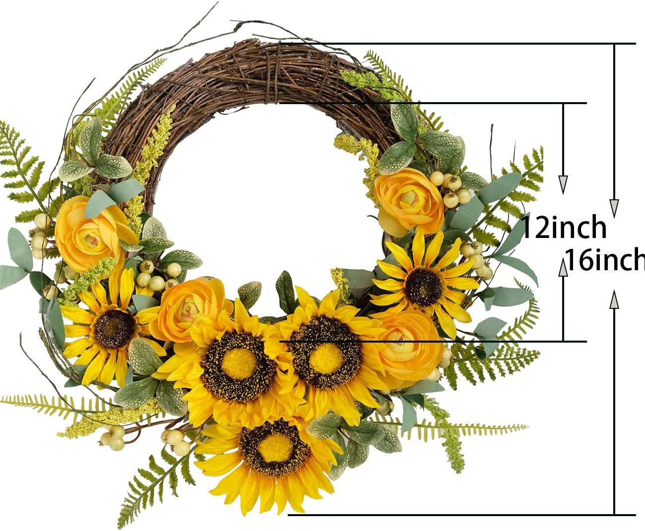 Bibelot Artificial Sunflower Wreath Yellow Peony Flower Wreath 16 Inch Spring Summer Wreaths Grapevine Wreath Green Leaves for Front Door Indoor Outdoor Wall Wedding Home Decor…