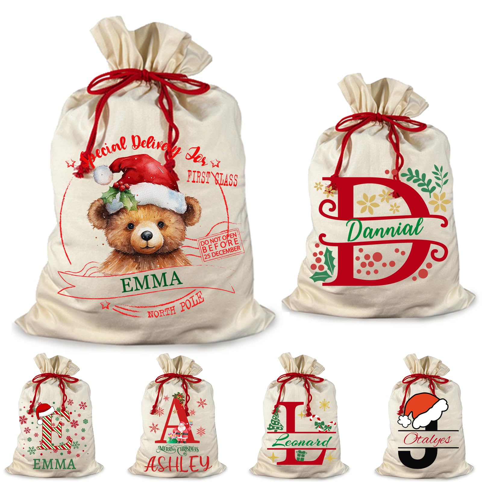 Personalized Santa Sack Drawstring Christmas Bags with Initial Name Custom Christmas Santa Gift Bags for Family Holiday Presents
