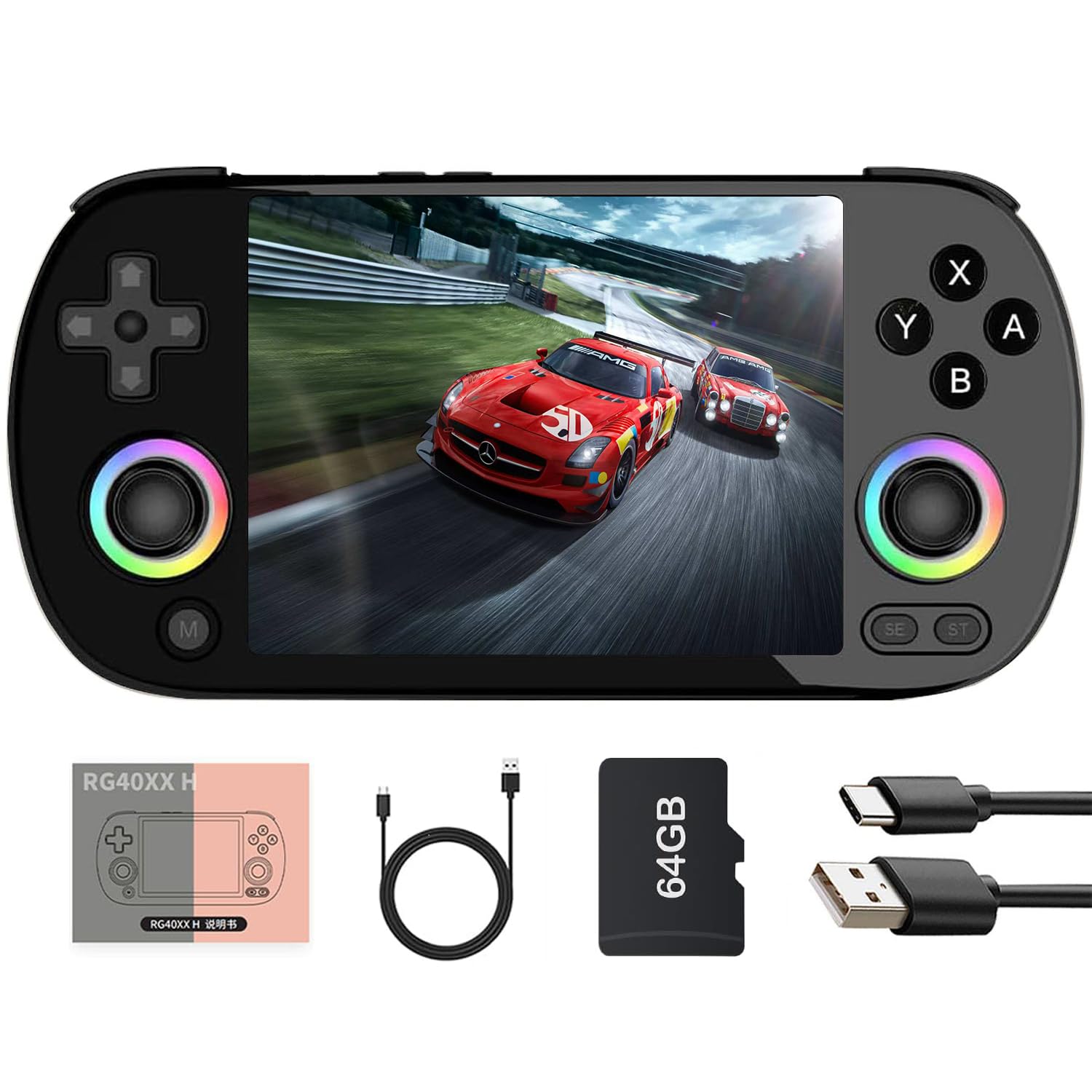 BVXZIOPRG40XX H Handheld Game Console, Built-in 128G & 10000+ Games，with RGB Colorful Joystick Lighting, 4.0-inch IPS Screen Linux System Arcade Support Bluetooth 5g WiFi Combat (Black, 64G)