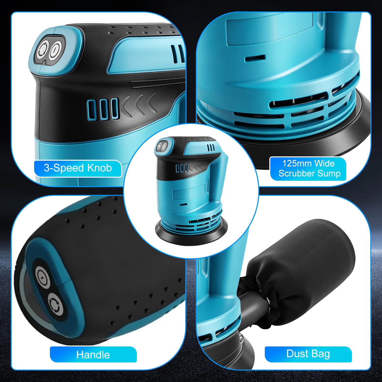 Levigatrice eccentrica per batteria Makita 18V, levigatrice a batteria da 125 mm, 3 velocità con contenitore per la raccolta della polvere e 20 fogli abrasivi (batterie non incluse)