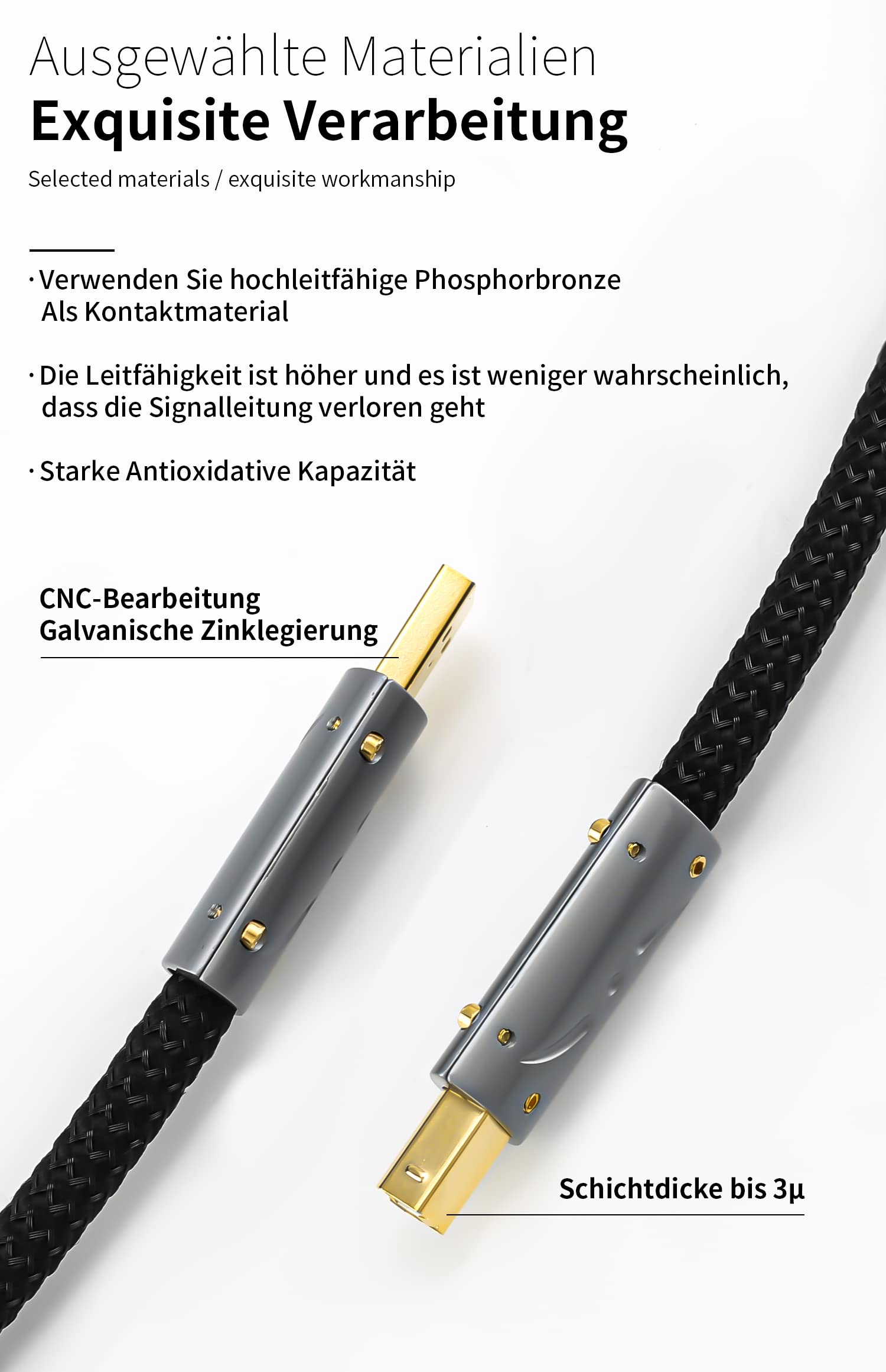 Viborg HiFi - Cavo USB 1,2 m, USB 2.0 tipo A a B, OFC placcato in argento (rame senza ossigeno), cavo audio HiFi per dispositivi DAC HIFI, cavo audio USB di fascia alta