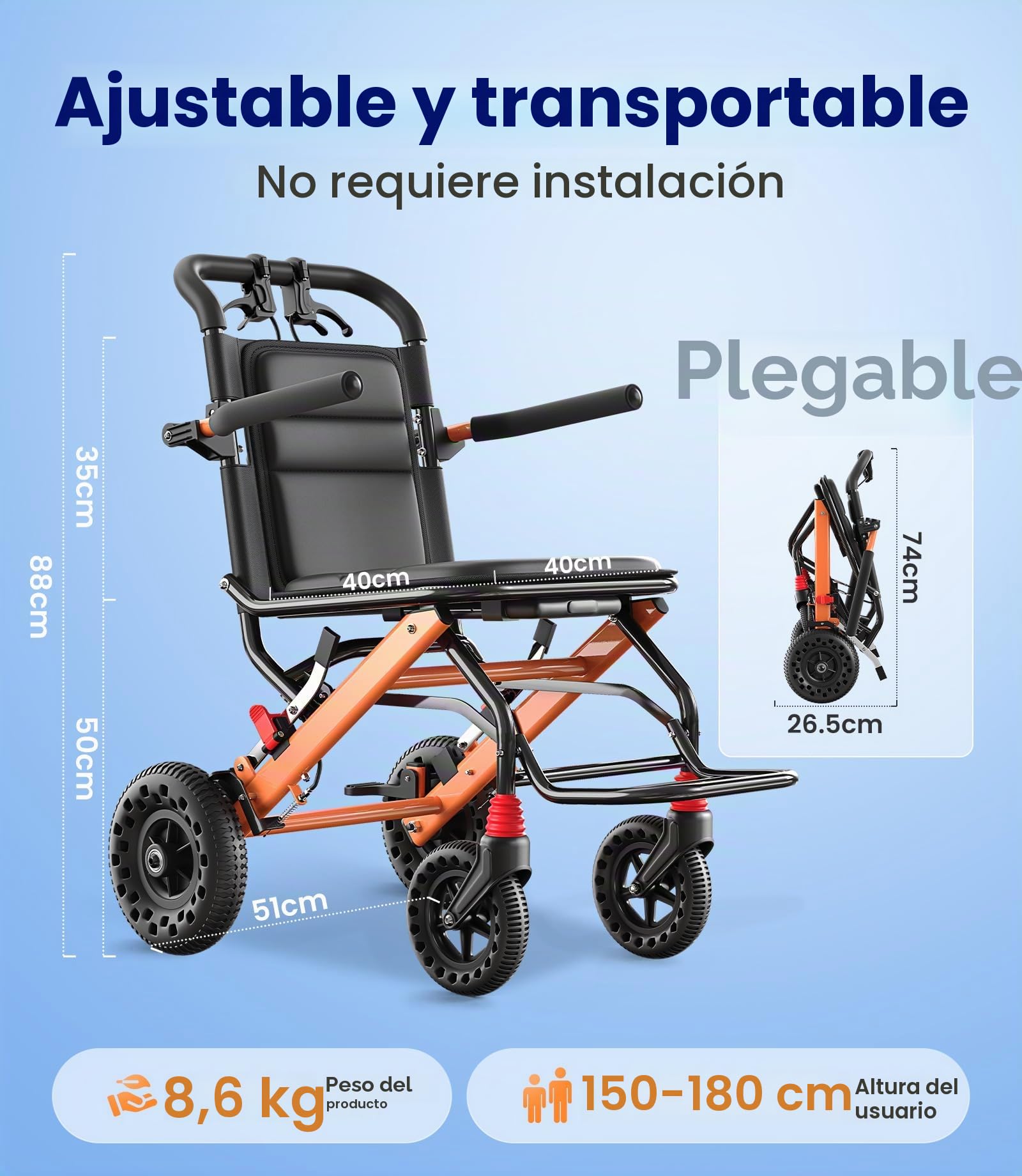 VOCIC U41 Silla de Ruedas Plegable Ultraligera 8.6KG | Silla ruedas transporte viaje en avión,neumáticos panal 20CM todo terreno,aluminio compacta 51CM (Naranja)