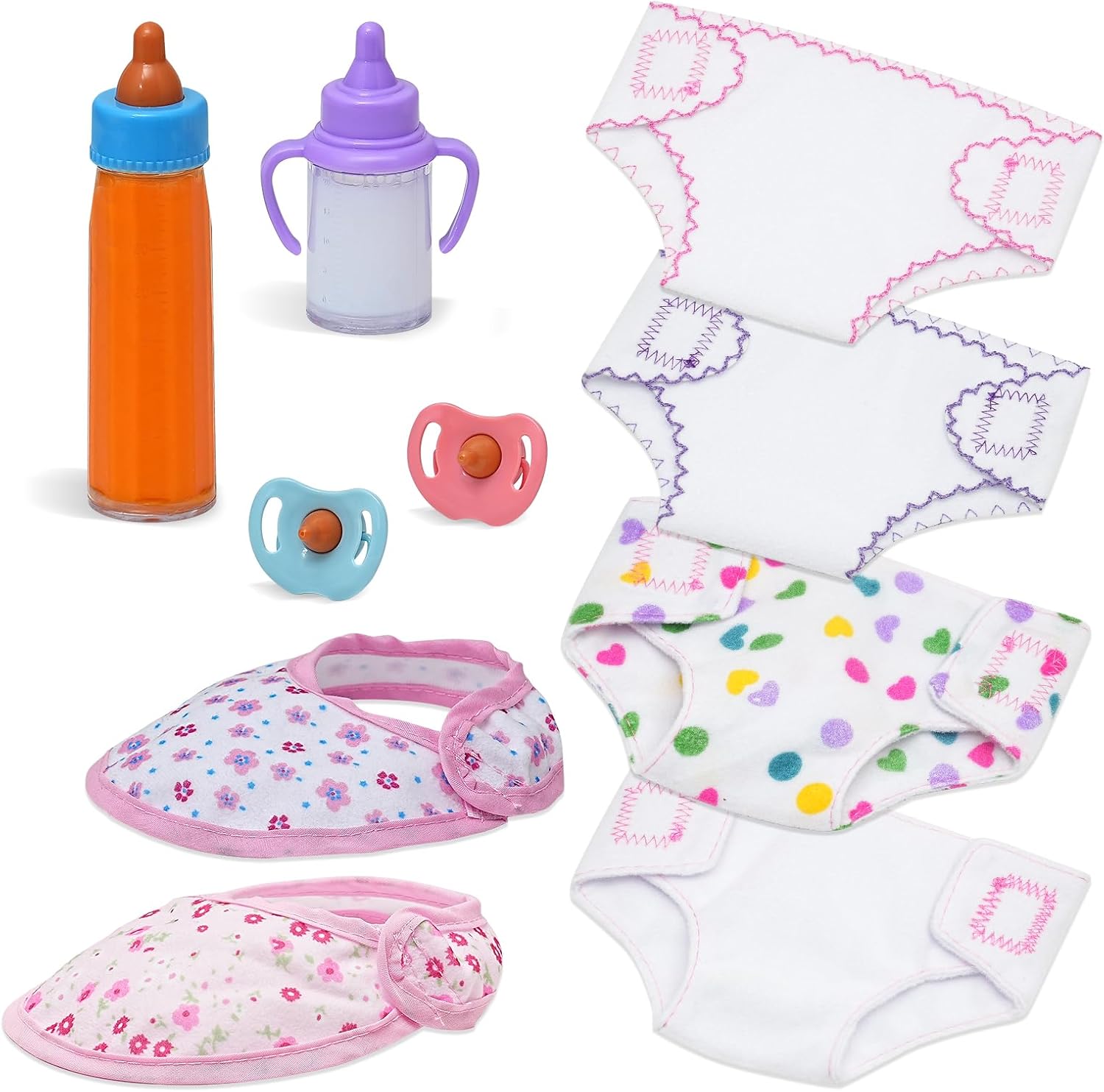 10 Pack Baby Doll Accessories, Disappearing Feeding and Caring Set, Milk & Juice Bottles, 2 Toy Pacifier, 4 Diaper, 2 Bibs for 14-18 Inch Dolls, Babies Pretend Play for Birthday
