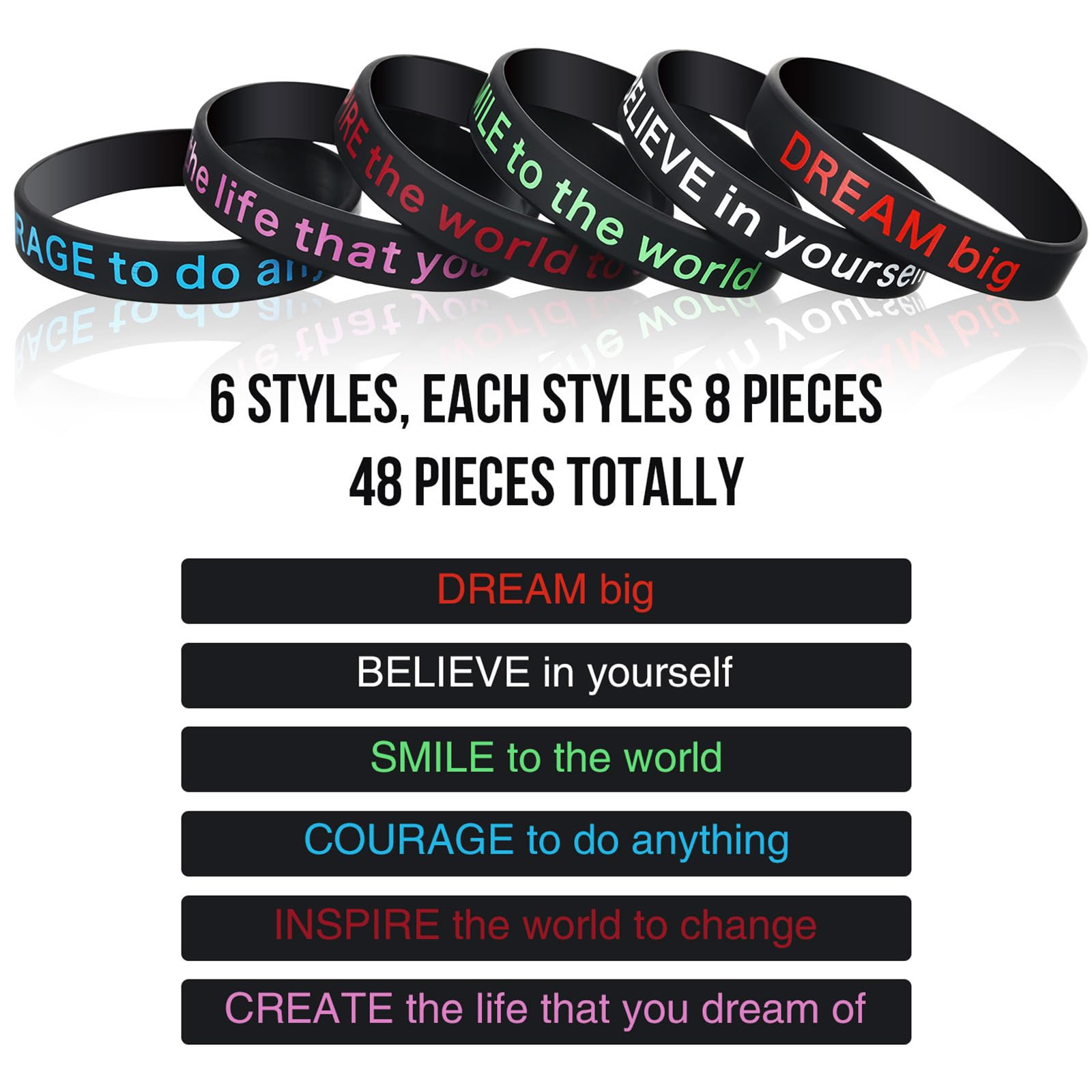 BBTO 48 Pcs Motivational Quote Rubber Bracelets Colored Inspirational Silicone Wristbands Stretch Bracelets for Men Women Black History Month Teacher Office Party Favor Gifts(Black)