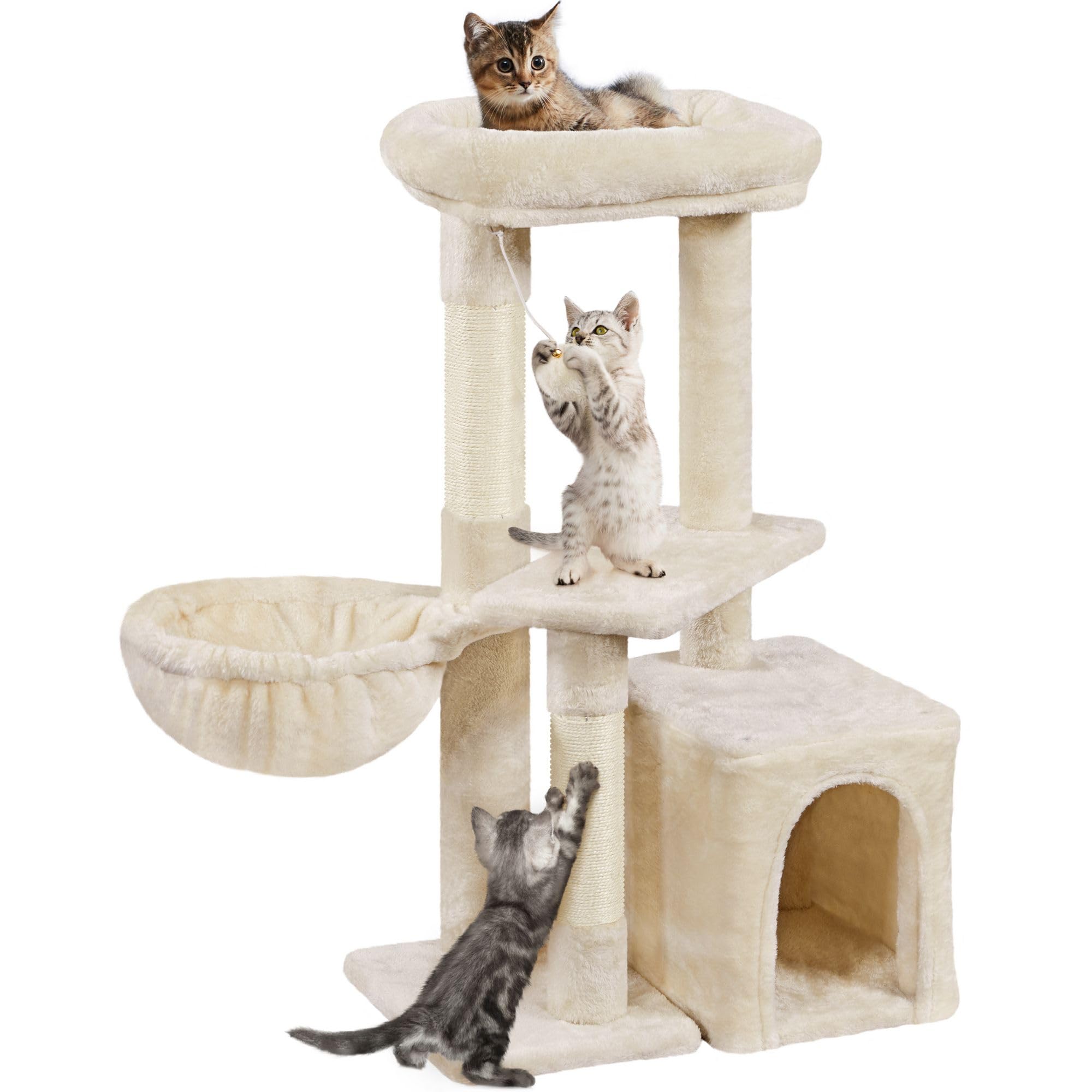 Yaheetech キャットタワー 高さ87cm 大型 中型 シニア猫 子猫 多頭飼い 猫タワー 据え置き 爪とぎポール 広いハウス ハンモック おもちゃ付き 爪研ぎ 猫ハウス 登りやすい 天然サイザル 転倒防止 （ベージュ）