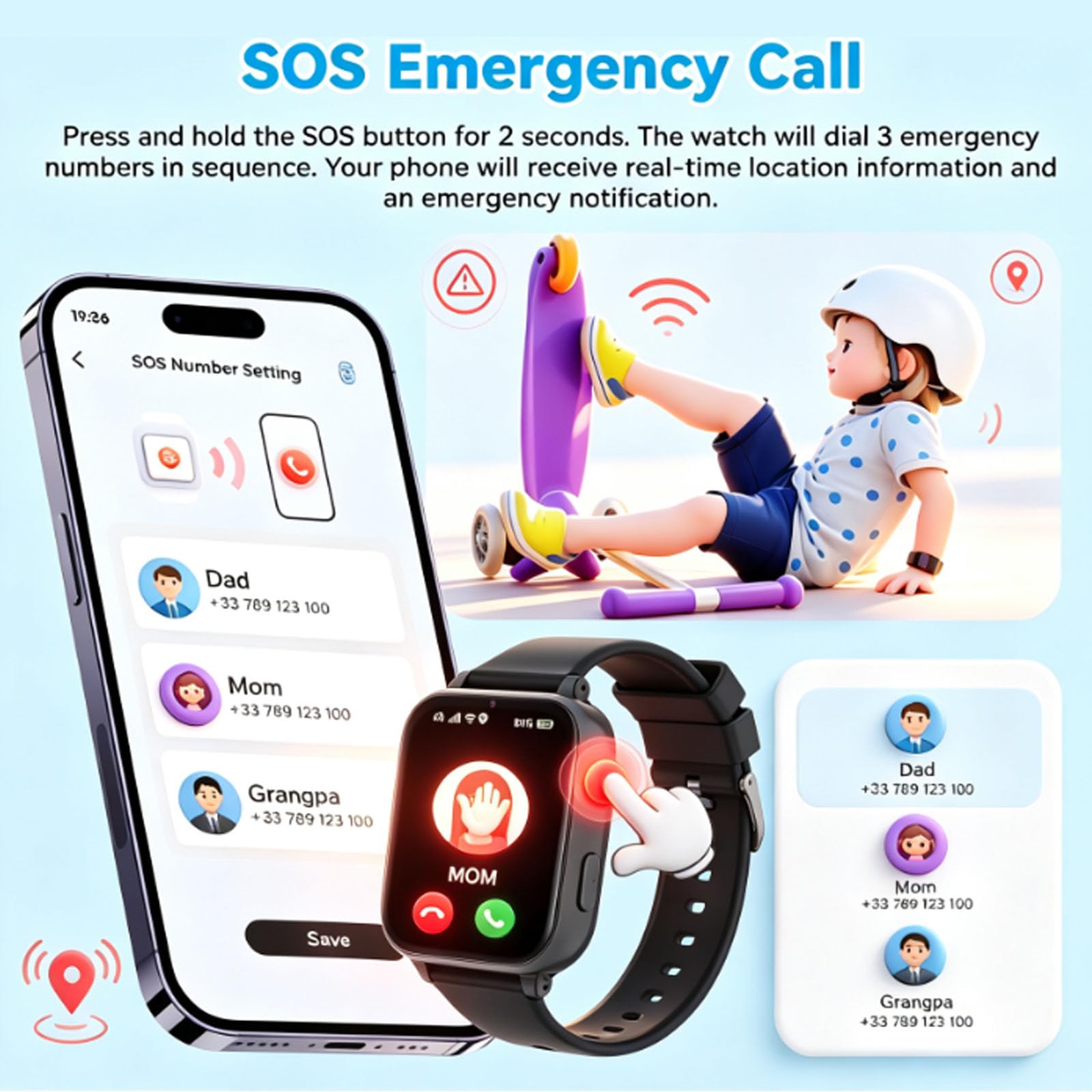 Berilona 4G Orologio da polso per bambini, GPS Smartwatch per ragazze ragazzi con chiamate/video/chat vocale, SOS, modalità scuola, allarme, pedometro, giochi smart watch per bambini 4-12 regalo, nero