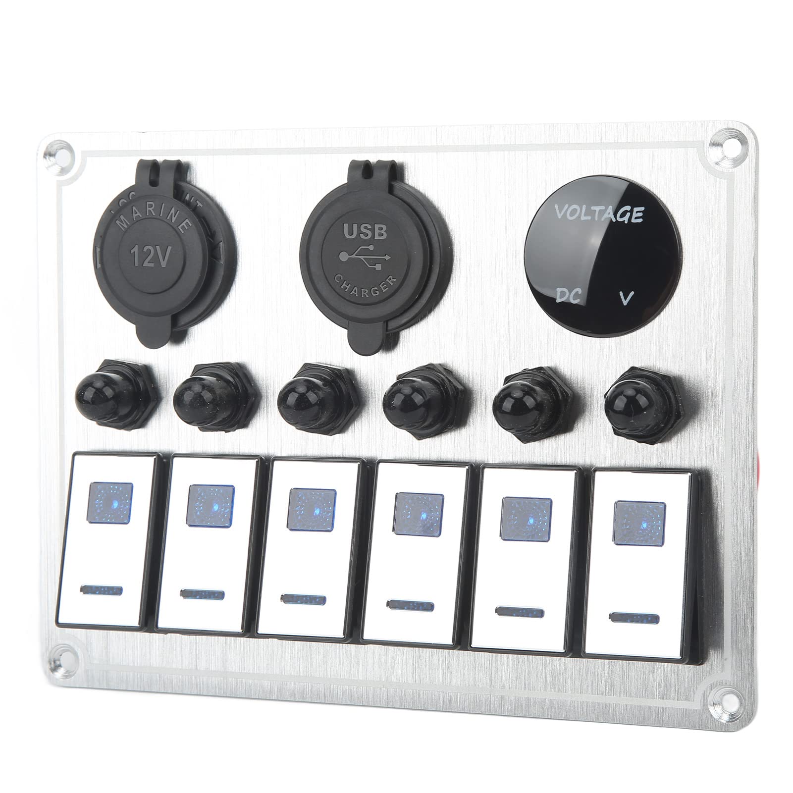 Pannello interruttori a bilanciere a 6 bande 12V 24V Pannello interruttori a levetta a 5 pin con doppio LED blu e interruttore automatico per auto, roulotte, moto,