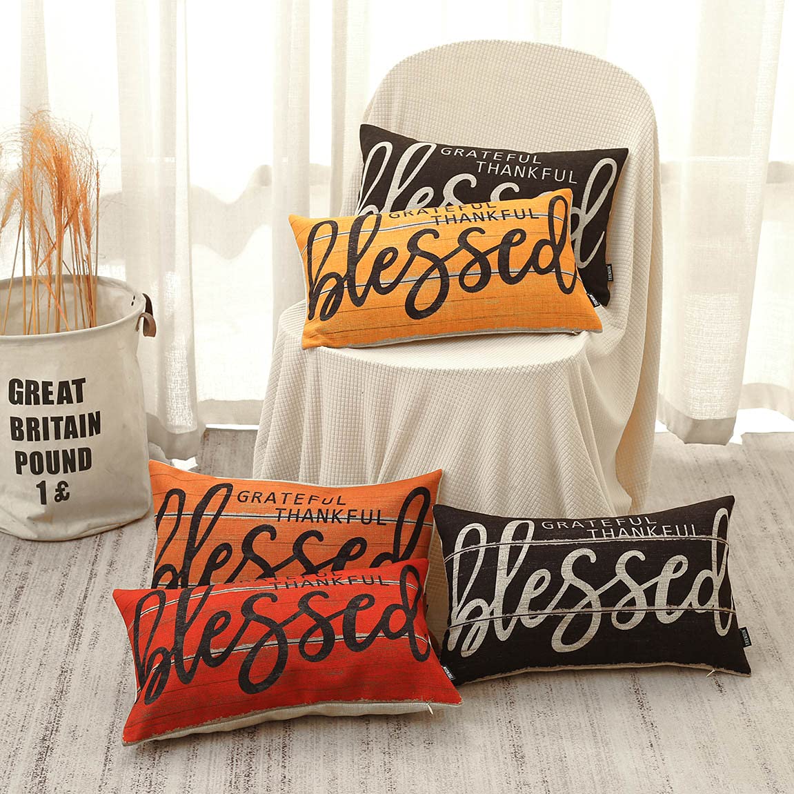 Ramirar Thanksgiving Pillow Cover - Black Grateful Blessed Word Art Lumbar Throw 12x20 Inches, Cotton Linen, Home & Sofa Decor