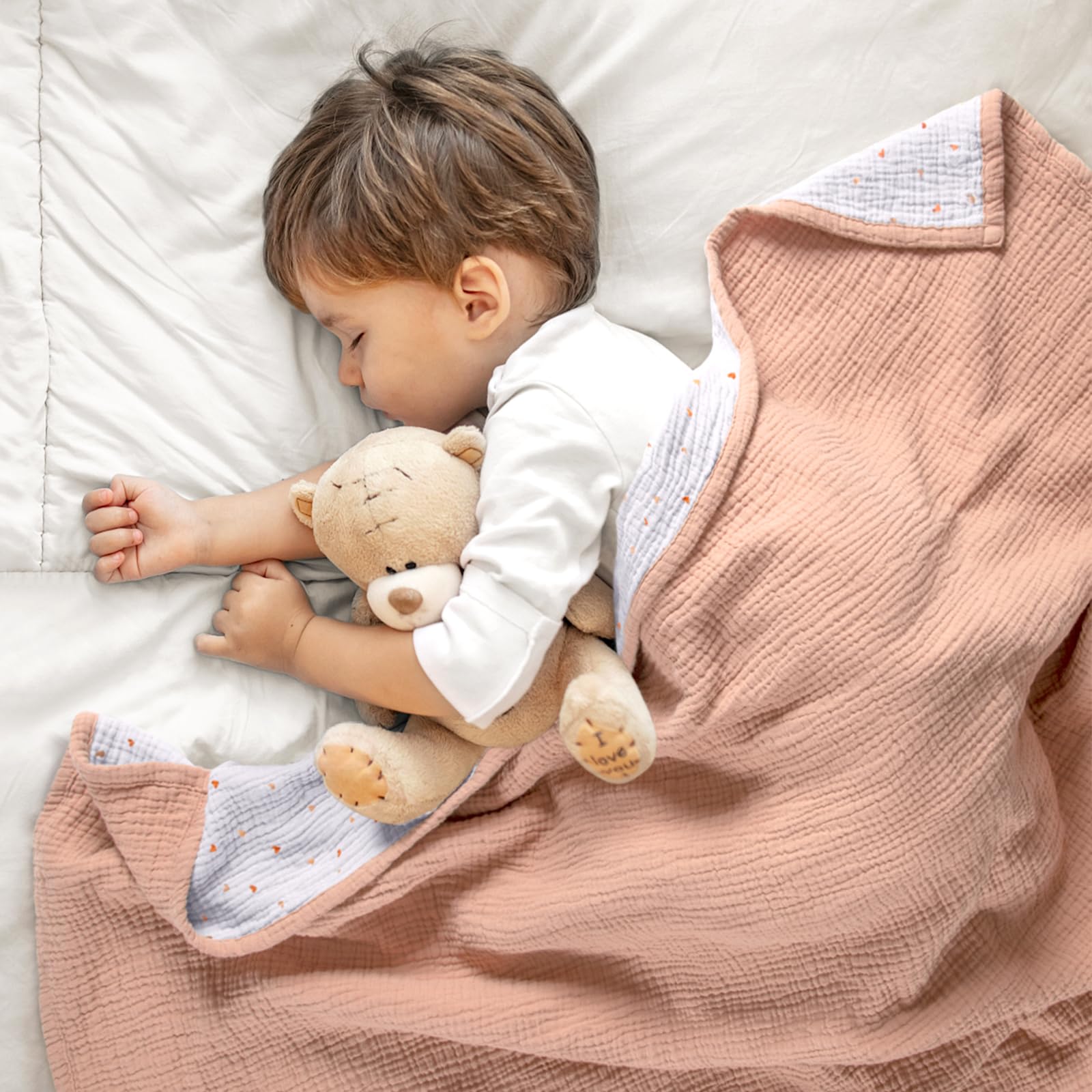 lulumoon Musselin-Babydecke – Baumwoll-Steppdecken für Kleinkinder – wendbare Kinderbettdecke für Babys, Jungen und Mädchen, 120 x 120 cm (Pfirsich Pink)