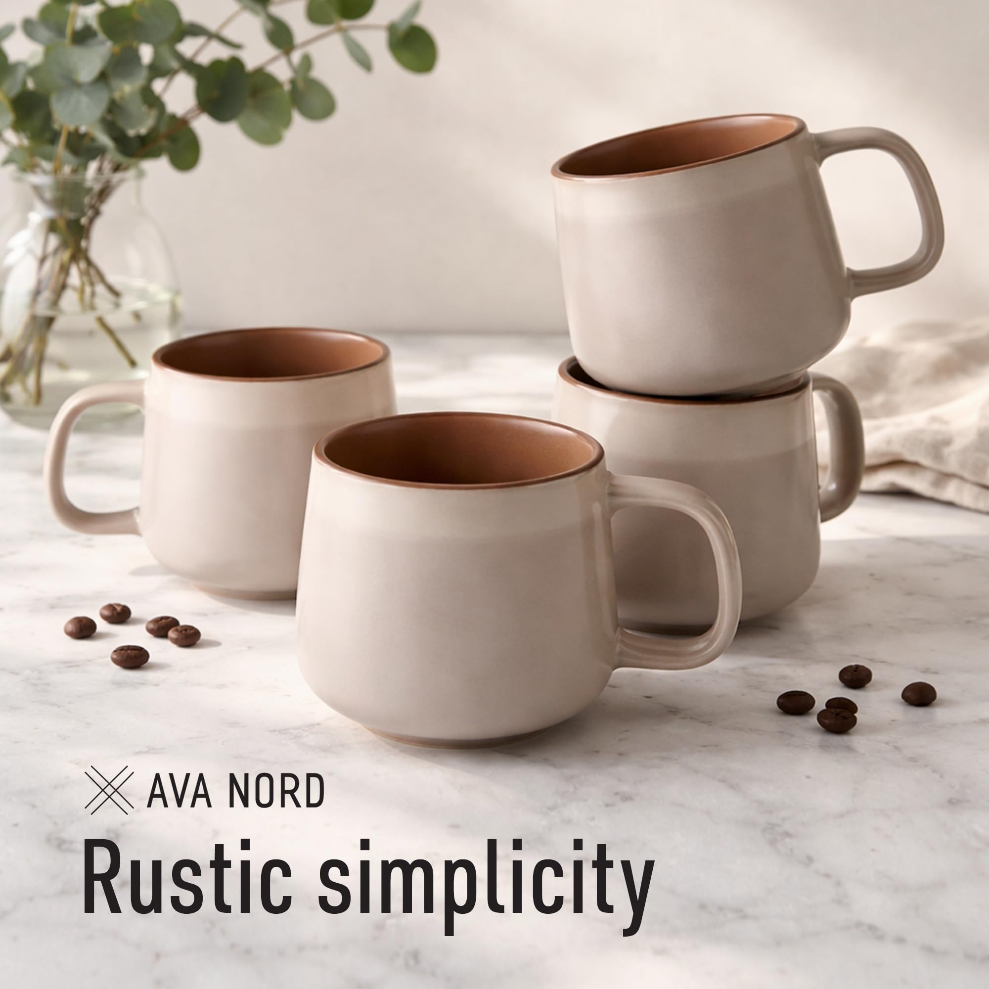Ava Nord Gres Tazas de Café de Cerámica | Juego de 4 | 340ml | Sable Rose | Sin Plomo, No Tóxico, Microondas y Lavavajillas, Asa Cómoda, Diseño Nórdico Estético para té y Café con Leche Capuchino