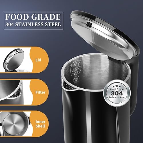 Miniatura 2 de Aigostar Hervidor eléctrico, calentador de agua caliente interior de acero inoxidable 304 de doble pared de 1.7L, hervidor de té eléctrico de 1500