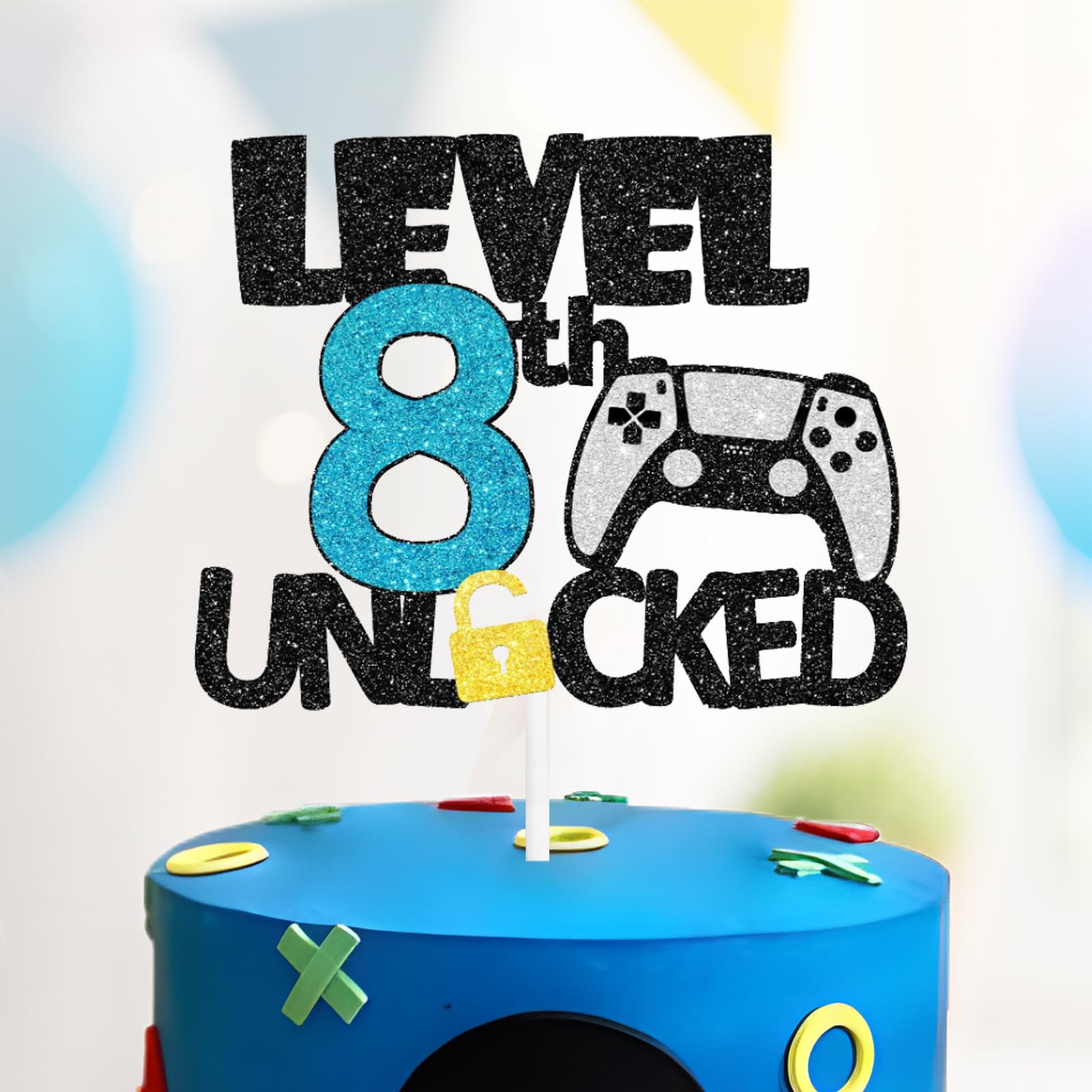 Video Game Level 8 Unlocked Birthday Cake Topper - Game Gamer Theme party Decoration - 8th boy Birthday party Decoration