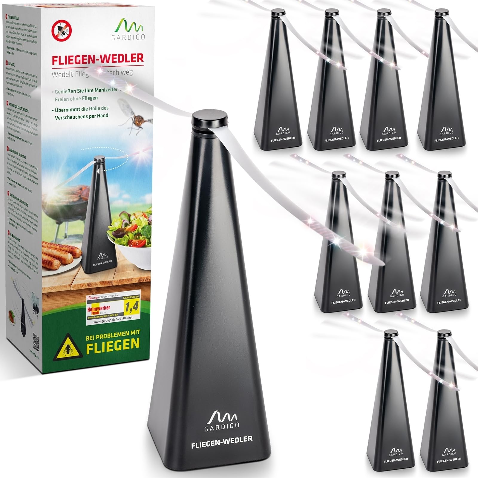 GARDIGO® Répulsif à Pales Anti-Mouches – Lot de 10 avec Hélices Souples & Bandes Réfléchissantes – Fonctionne à Piles – Pour Repas en Extérieur, Terrasse, Jardin – Sans Produits Chimiques