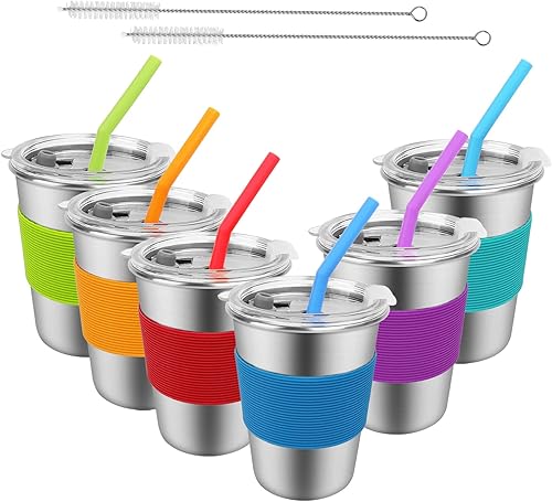 Vasos de acero inoxidable para niños con pajitas y tapas, paquete de 6 vasos de 12 onzas a prueba de fugas, vasos irrompibles para niños pequeños,