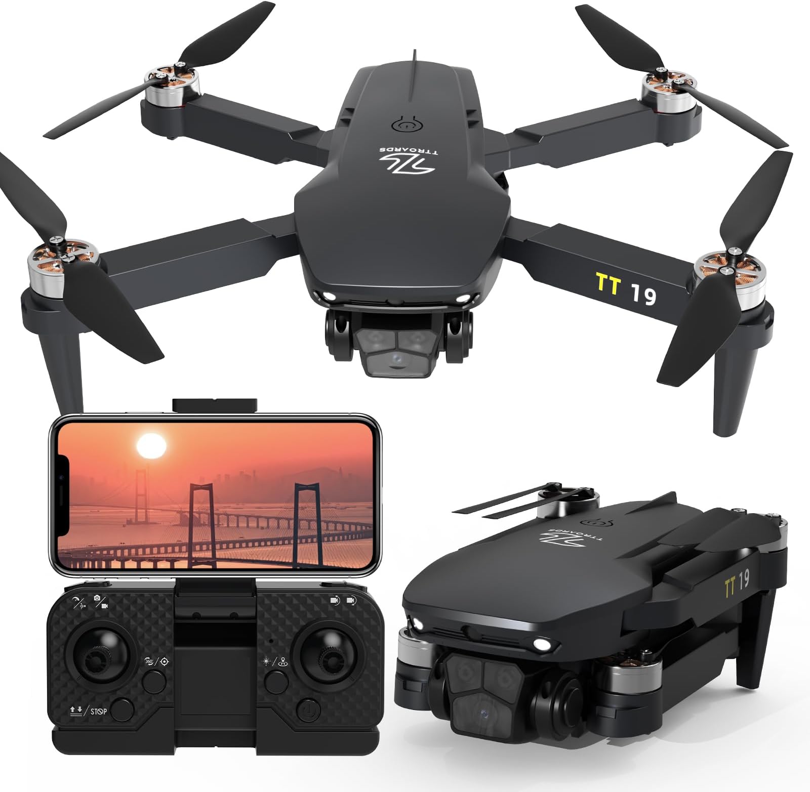 TT19 Drone with Camera for Beginners Obstacle Avoidance RC Drones for Adults Brushless Motor Foldable Mini Quadcopter 3D Flips Altitude Hold with Propeller Guards