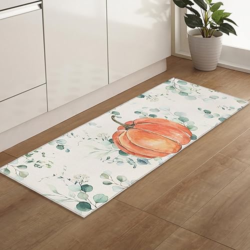 Miniatura 11 de Alfombras y tapetes de cocina Hello Fall, 2 unidades, color azul, naranja, calabaza, hoja de arce, pájaros, alfombras antideslizantes con pasillo