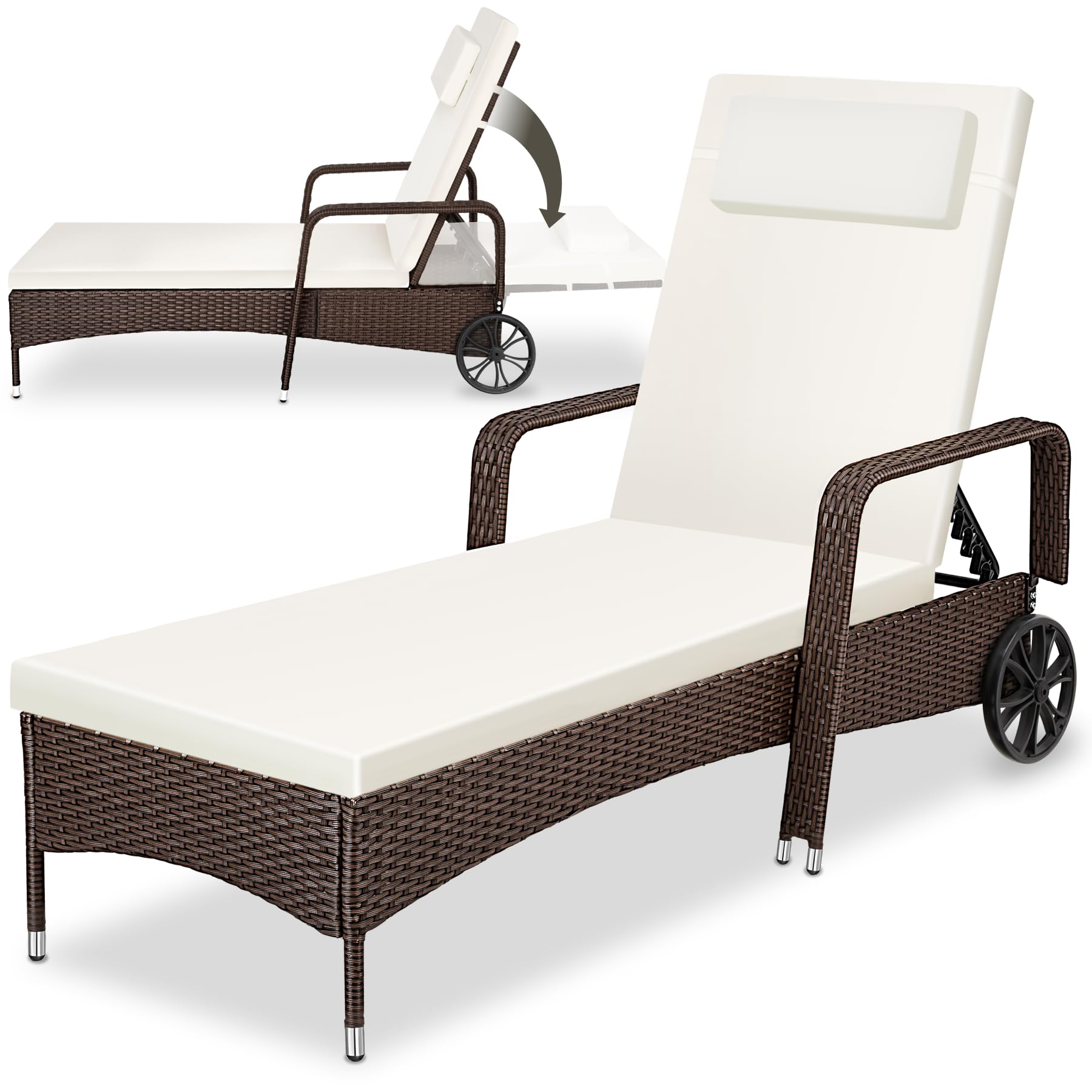 tectake®, Tumbona Chaise Longue, Ajustable de Poliratán con Ruedas, Mueble Exterior Sofa Acolchado para Jardín y Terraza, 6 Posiciones, Fácil de Limpiar, Moderno, Hamaca de Jardín - Marrón/Blanco