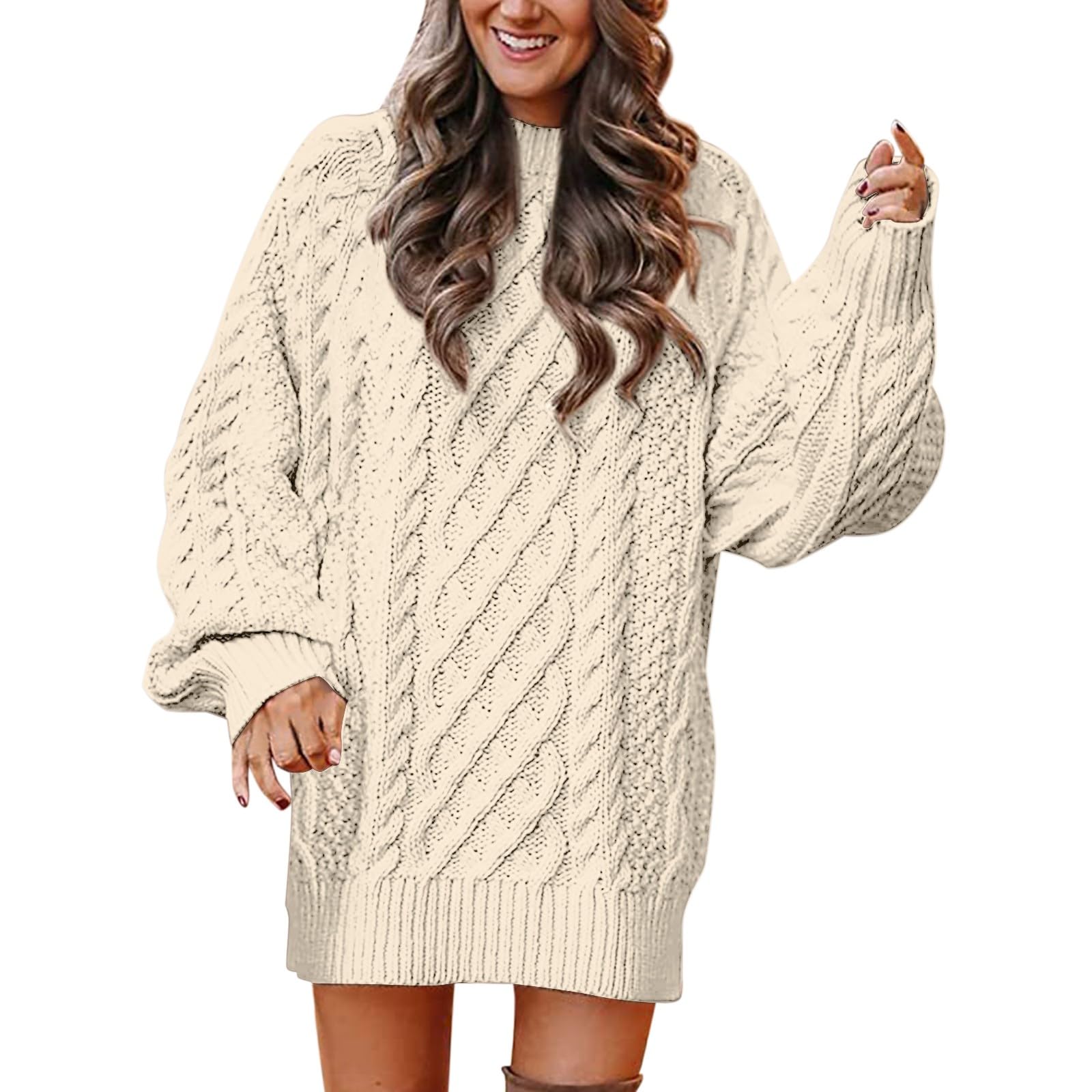 Womens Chunky Oversized Mini Sweater Dress Casual Mock Neck Long Sleeve Soft Cable Knit Trendy Tunic Pullover Tops