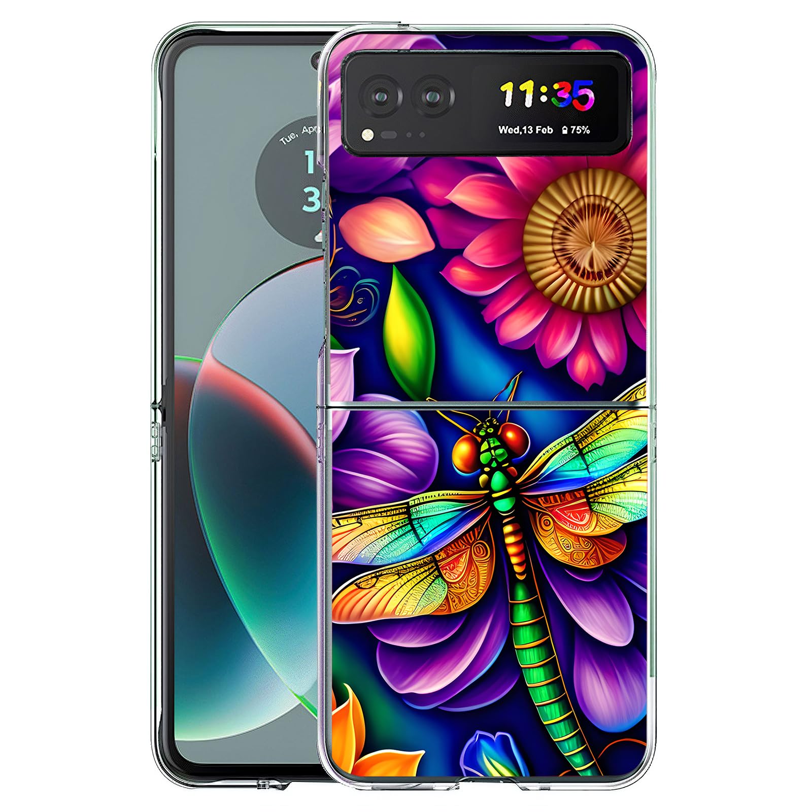 Bcov Case for Motorola Razr 2023,Colorful Dragonfly Flowers Anti-Scratch Solid Hard case Protective Shookproof Phone Cover for Motorola Razr 2023