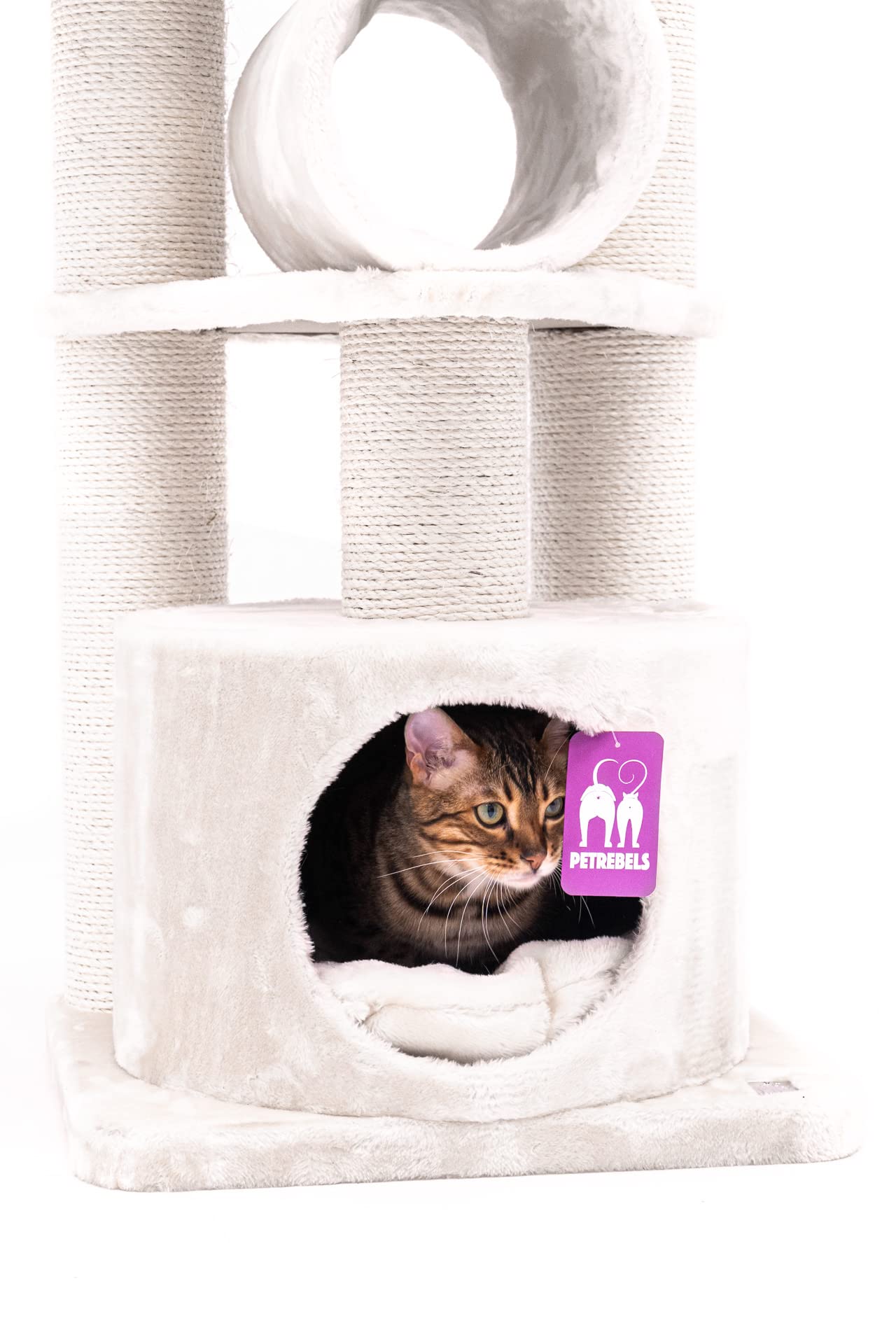 Petrebels Kratzbaum Platzsparend Victoria 125, auch ideal für senioren Katzen, Katzenbaum mit Sisal-Kratzstämmen 12 cm, Höhle, Liegemulden & Spieltunnel, Stabiler Katzenkratzbaum in Creme