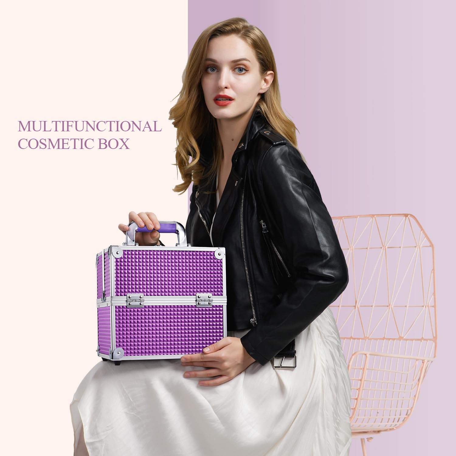 Frenessa Make-up-Box, Kosmetikkoffer, Schmuck-Organizer, Schmink-Aufbewahrungsbox, Schönheits-Zugkoffer, abschließbar, mit Schlüsseln, violett