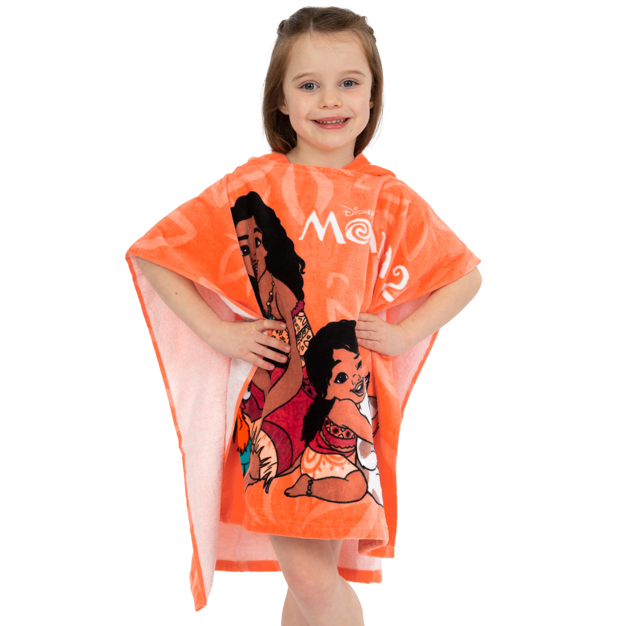 Disney Poncho | Ręcznik Poncho Vaiana dla Dzieci | Dziewczęcy Bawełniany Ręcznik Plażowy | Kąpielowy z Kapturem | Pływania | One Size | Pomarańczowy