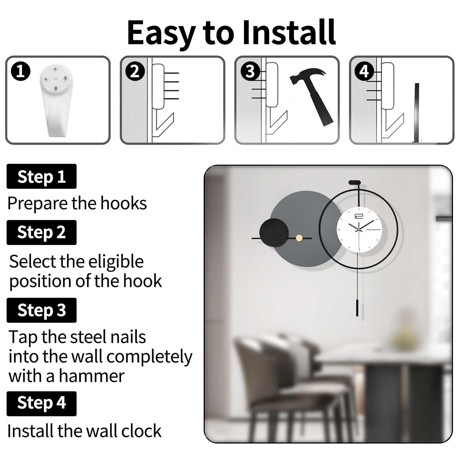 Große Wanduhr, Stille Wanduhren für Wohnzimmer Dekoration, Minimalistisch Modern Wanduhr mit Pendel, Batteriebetrieben für Schlafzimmer Küche Büro Haus