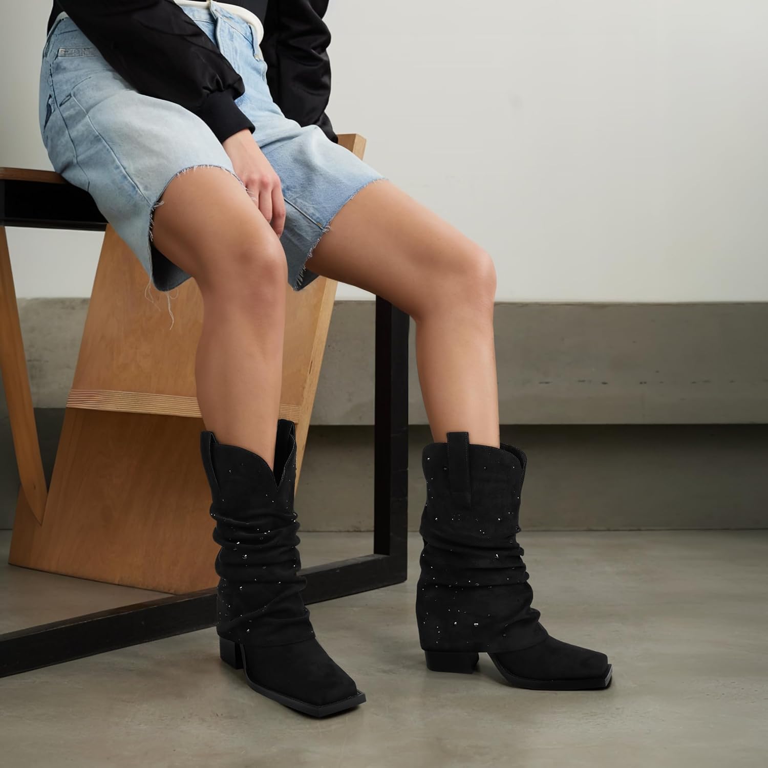 Cowboy Boots for Women Cowgirl Mid Calf Square Toe Fold Over Chunky... - Picture 45 of 56