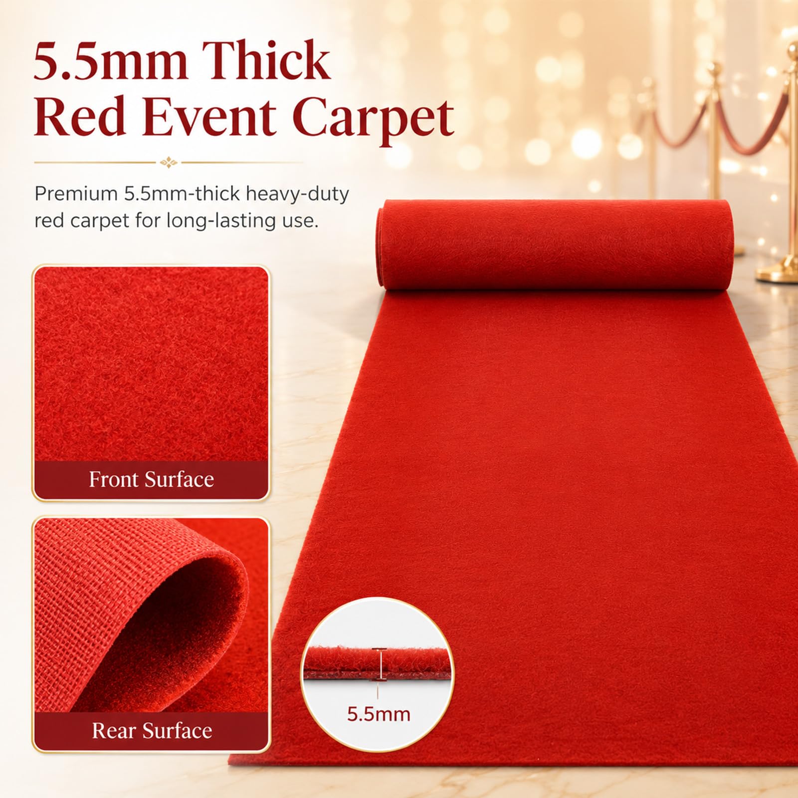 Tapis rouge - 1 x 10 m - 5,5 mm d'épaisseur - Pour mariage, événement, foire, fête, mariage, couloir - 10 m