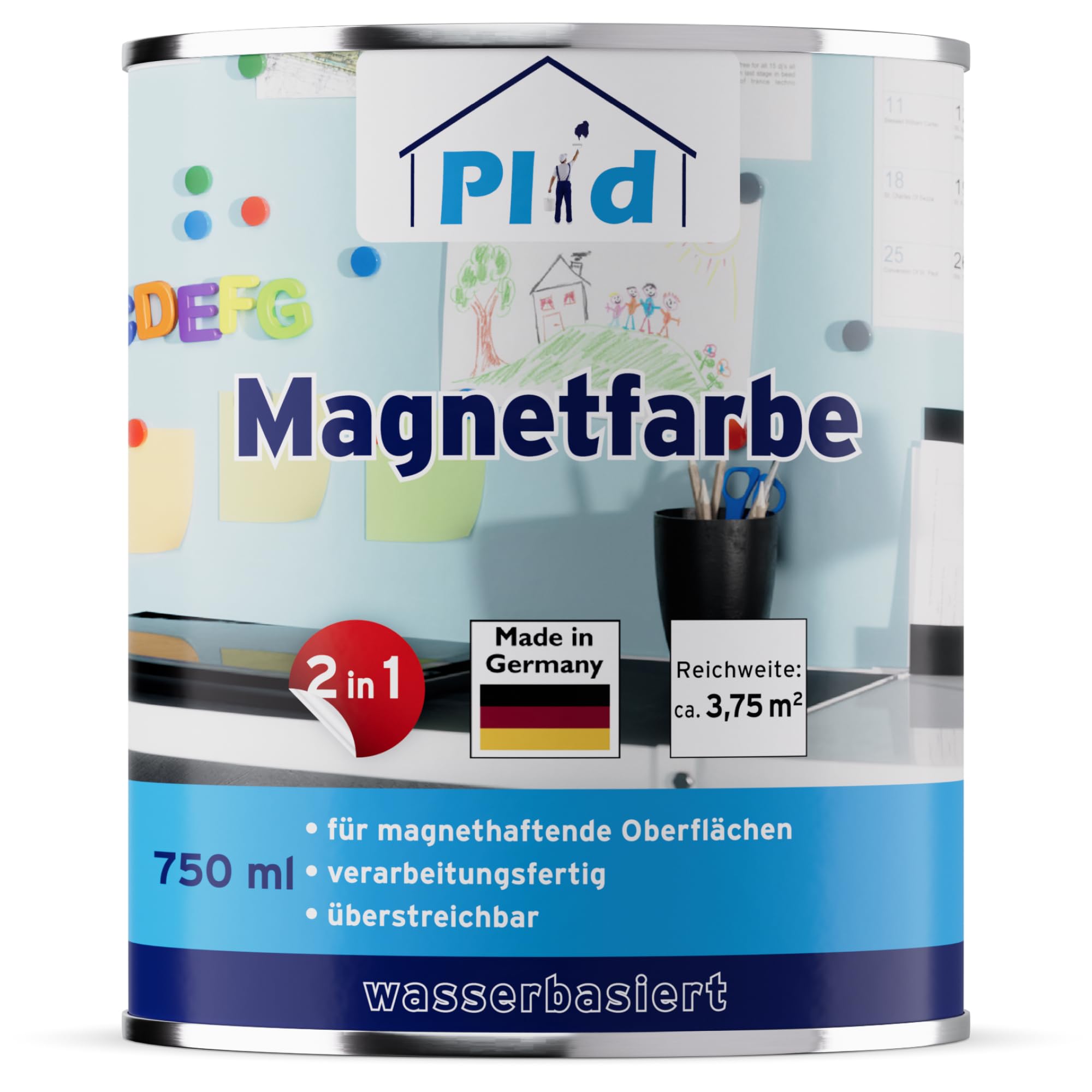 Plid® Peinture aimantée Gris Anthracite mat 0,75 L – Peinture magnétique murale [MULTI-SUPPORTS] pour murs, portes, meubles et autres surfaces en bois, métal, plastique dur, béton, papier peint