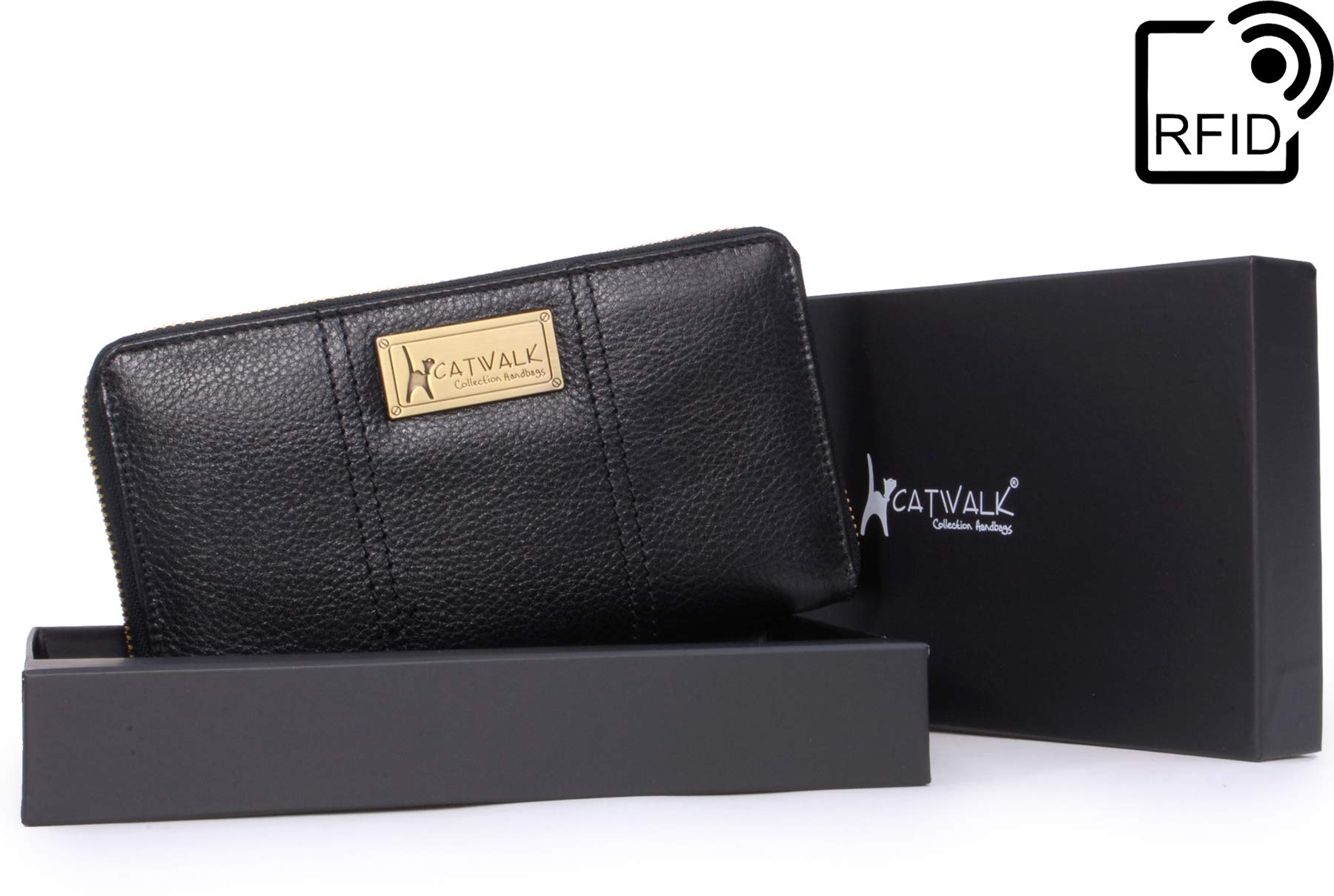 Catwalk Collection Handbags - Średnia Skórzana Portmonetka Dla Kobiet - Kieszenie na 8 Kart Kredytowych i Monety - Ochrona RFID - Gallery - Czarny