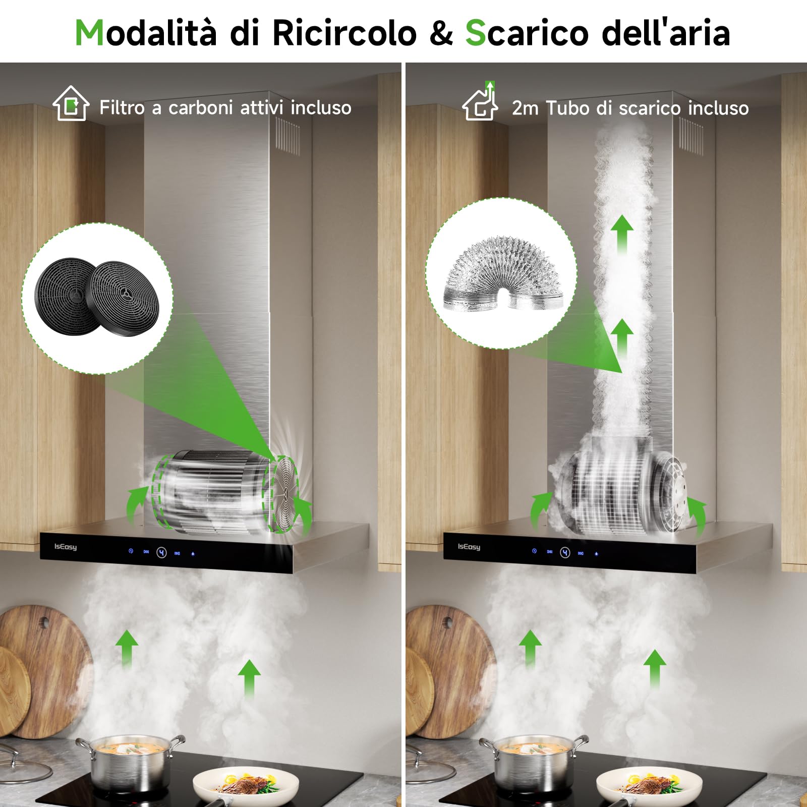 IsEasy Cappa Aspirante Inclinata 60 cm, Cappa Cucina con 590m³/h Forte Potenza di Aspirazione, 4 Livelli di Regolazione, 1-9 Minuti di Ritardo di Arresto, 67 dB, Argento, Class A++