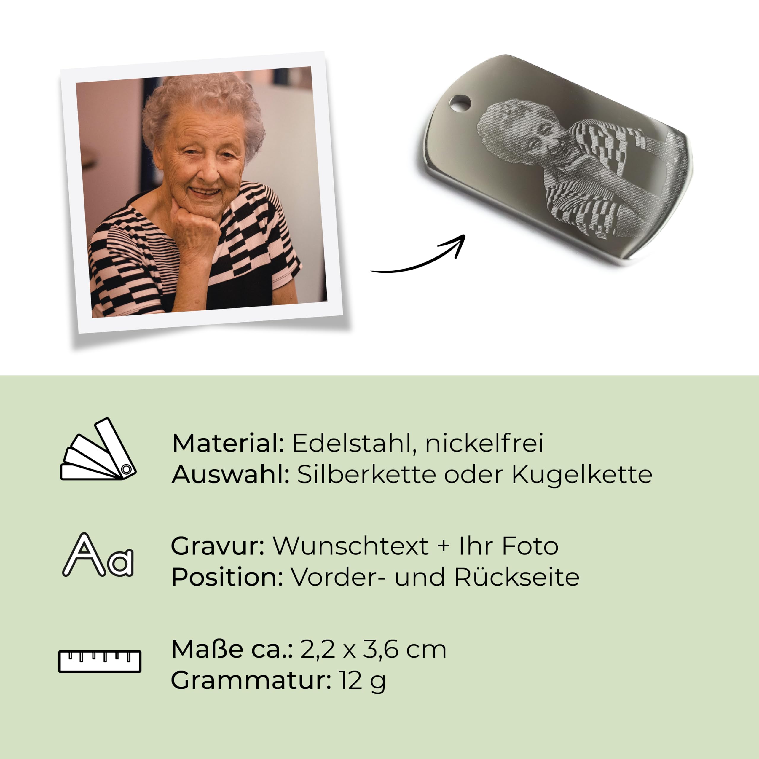 Dog-Tag Kette mit Foto-Gravur I Ihr Bild + Text gravieren I Personalisierter Ketten-Anhänger mit Kugelkette